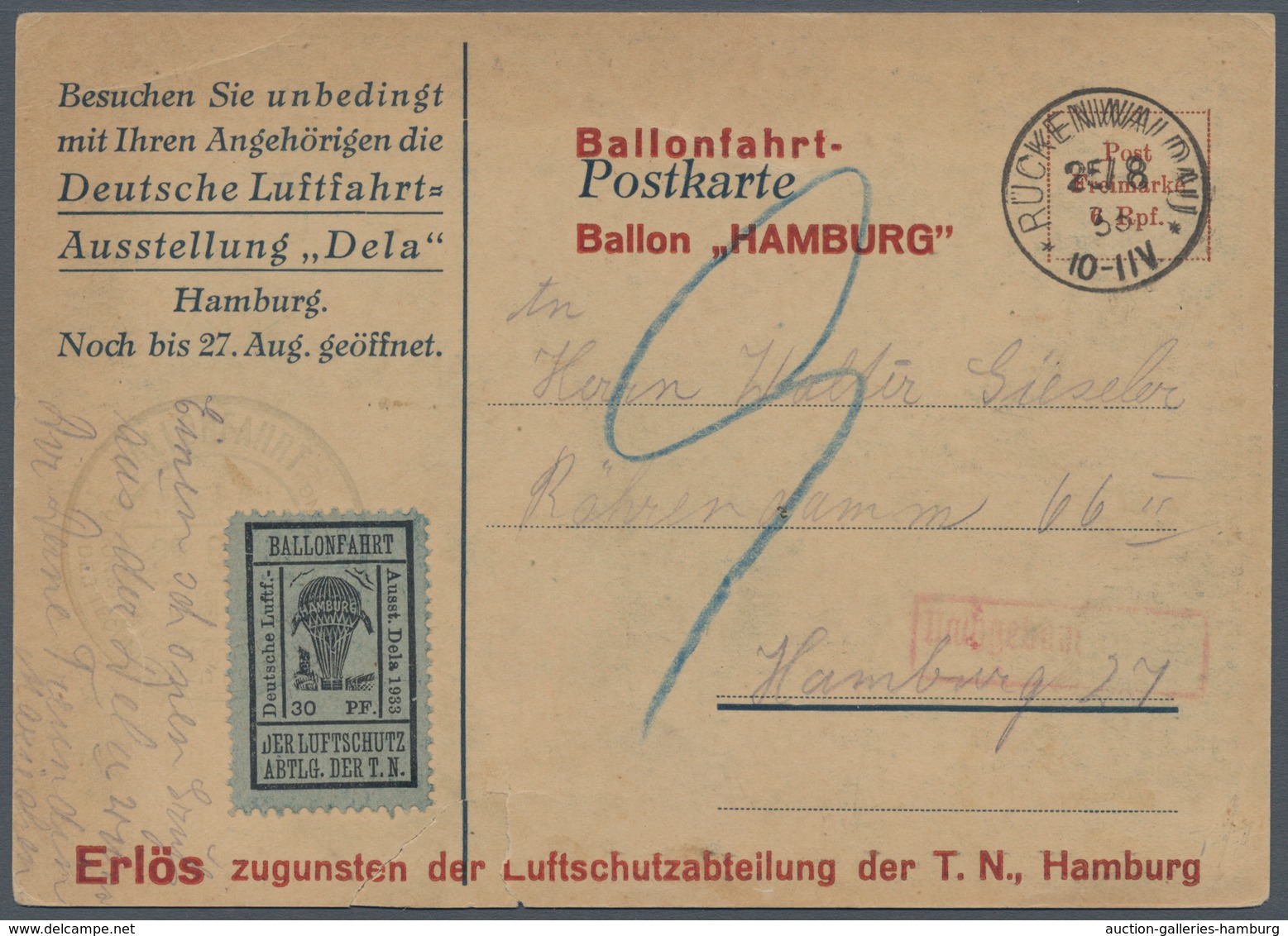 Deutsches Reich - Halbamtliche Flugmarken: 1933, DELA Ballonmarke 30 Pfg. Schwarz/ultramarin Auf Dek - Luft- Und Zeppelinpost