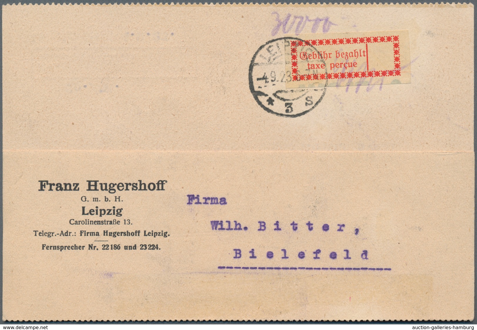 Deutsches Reich - Lokalausgaben 1918/23: HALLE, Gebührenmarke Bräunlichrot In Der Guten Type I D (Mi - Cartas & Documentos