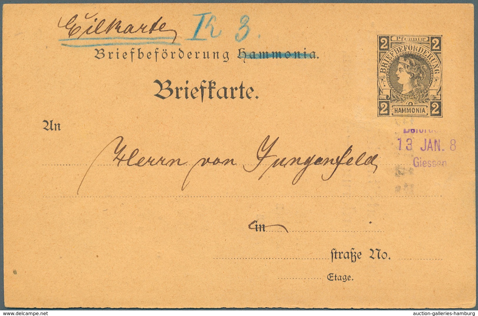 Deutsches Reich - Privatpost (Stadtpost): GIESSEN : Postkarte P4 Der Hammonia Hamburg, Ohne Aufdruck - Privatpost