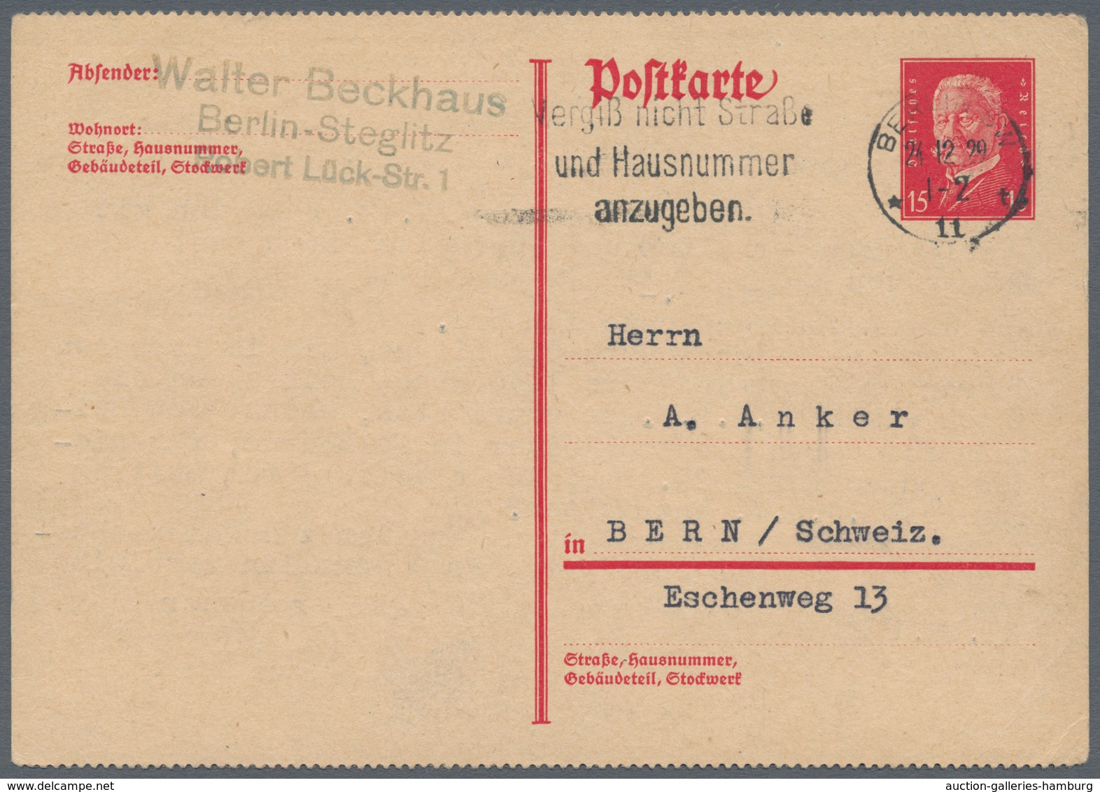 Deutsches Reich - Ganzsachen: 1928, Hindenburgkarte 15 Pfg. Gezähnt Von 1928 Bedarfsgebraucht In Die - Sonstige & Ohne Zuordnung