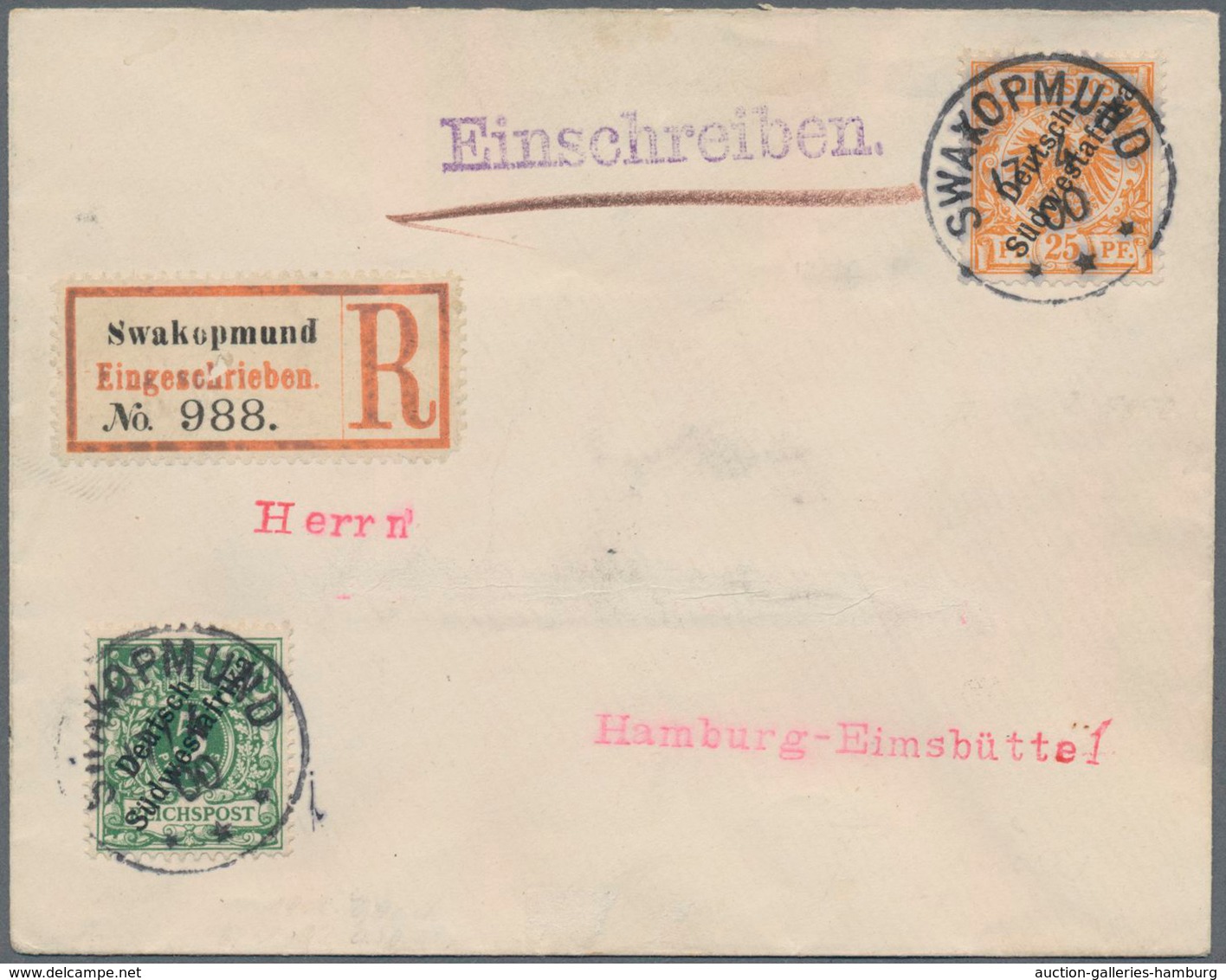 Deutsch-Südwestafrika: 1900, 25 Pfg. Gelblichorange Zus. Mit 5 Pfg. Grün, Portogerechte Frankatur Au - Deutsch-Südwestafrika