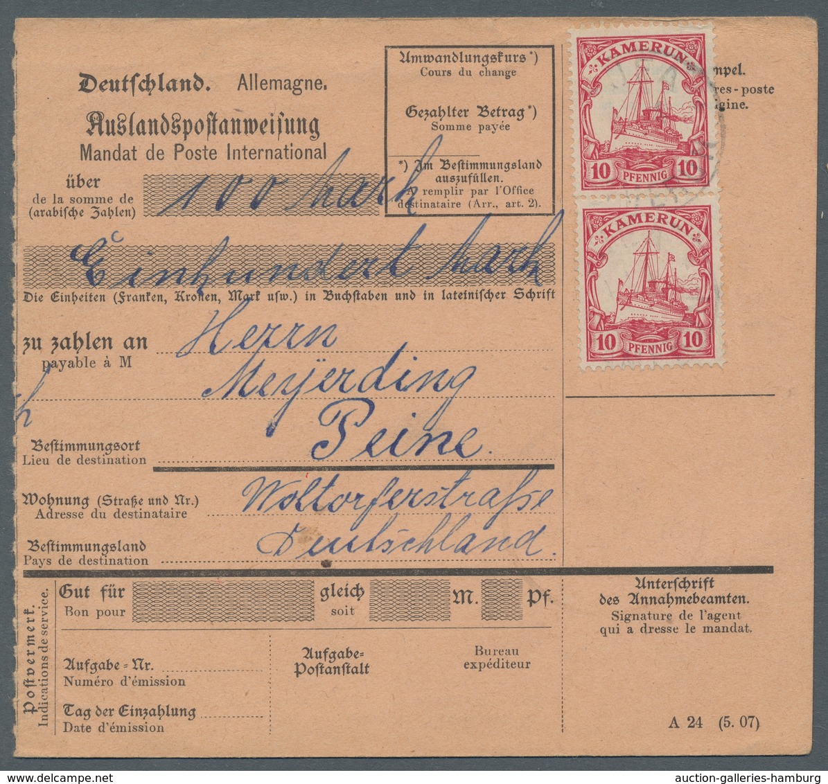 Deutsche Kolonien - Kamerun: 1906, Kaiseryacht 10 Pfennig Zweimal Auf Ungelaufener Postanweisung Mit - Cameroun