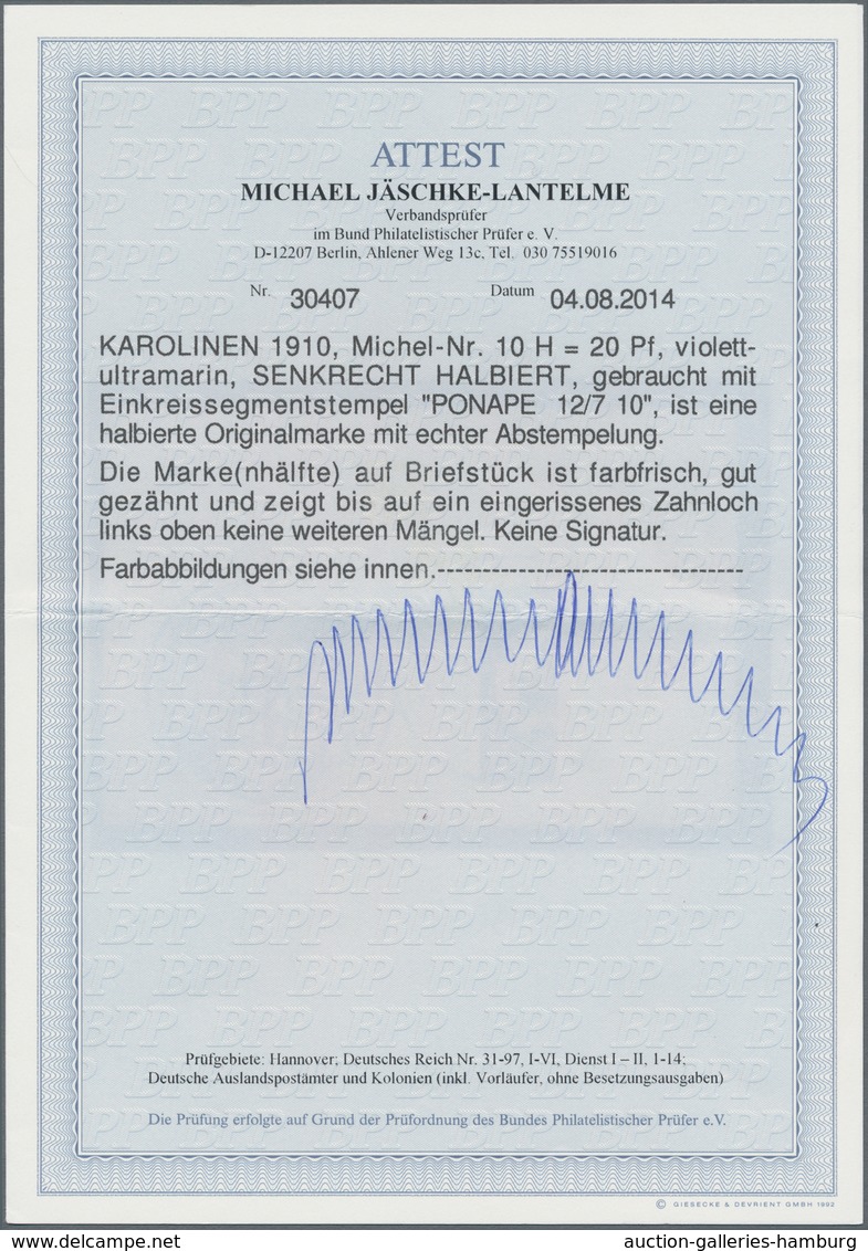 Deutsche Kolonien - Karolinen: 1910, 20 Pfg. Kaiserayacht Senkrecht Halbiert (linke Hälfte) Mit Stem - Caroline Islands