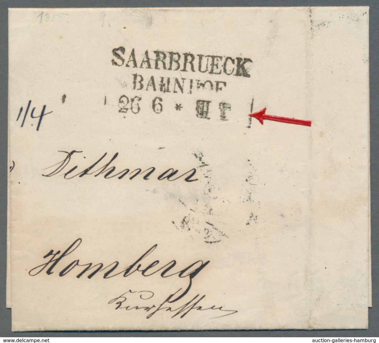 Deutsche Abstimmungsgebiete: Saargebiet: 1855, SAARBRUECK BAHNHOF, Klarer Abschlag Des L3 Hübschem B - Briefe U. Dokumente