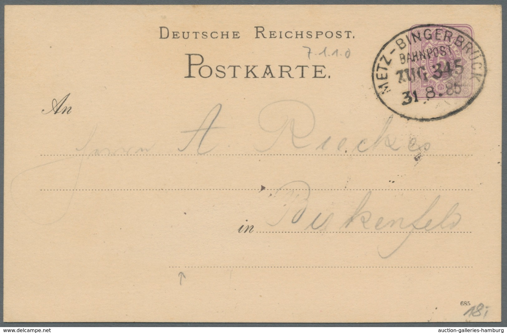 Deutsche Abstimmungsgebiete: Saargebiet: 1885-1905, METZ - BINGERBRÜCK, fünf saubere/klare Abschläge