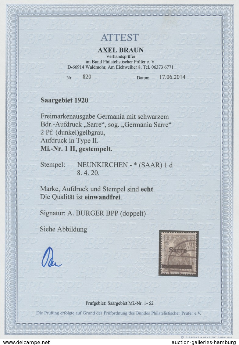 Deutsche Abstimmungsgebiete: Saargebiet: 1920, "2 Pfg. Germania/Sarre Mit Aufdruck In Type II", Saub - Covers & Documents