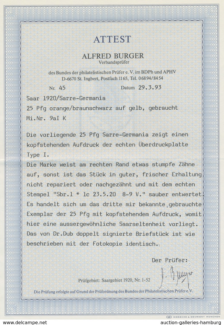 Deutsche Abstimmungsgebiete: Saargebiet: 1920, "25 Pfg. Germania/Sarre Mit Kopfstehendem Aufdruck", - Briefe U. Dokumente