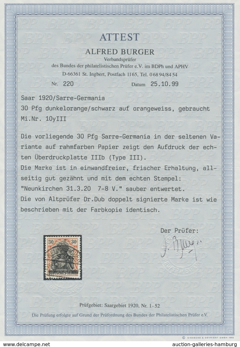 Deutsche Abstimmungsgebiete: Saargebiet: 1920, "30 Pfg. Germania/Sarre Auf Orangeweißem Papier", Sau - Briefe U. Dokumente