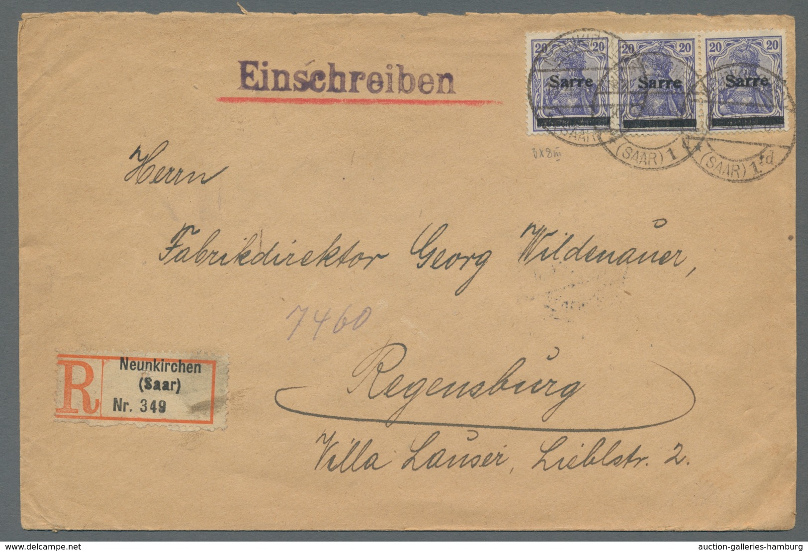 Deutsche Abstimmungsgebiete: Saargebiet: 1920, Drei Belege Mit Germaniafrankaturen, Dabei Die Selten - Briefe U. Dokumente