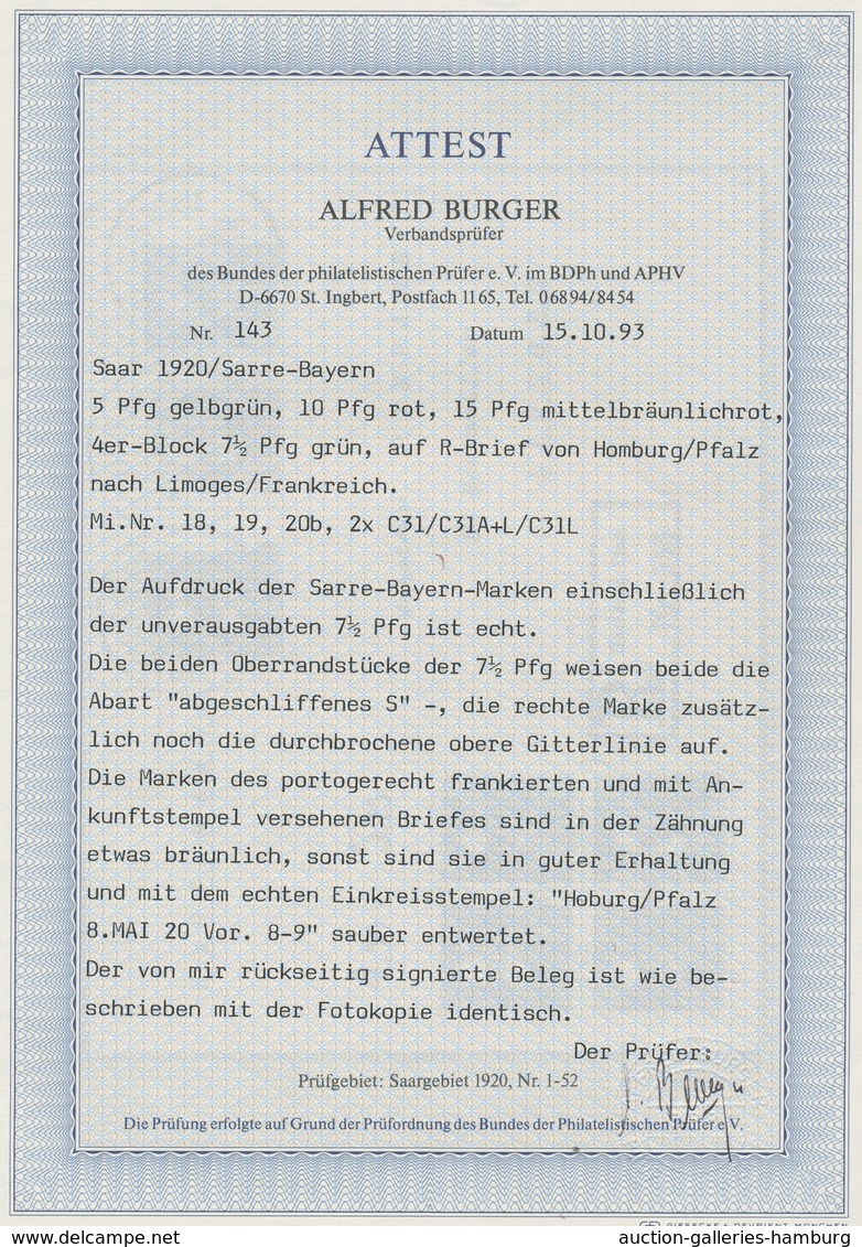 Deutsche Abstimmungsgebiete: Saargebiet: 1920, Bayern-Sarre, 7½ Pfg. Grün, Nicht über Die Postschalt - Briefe U. Dokumente