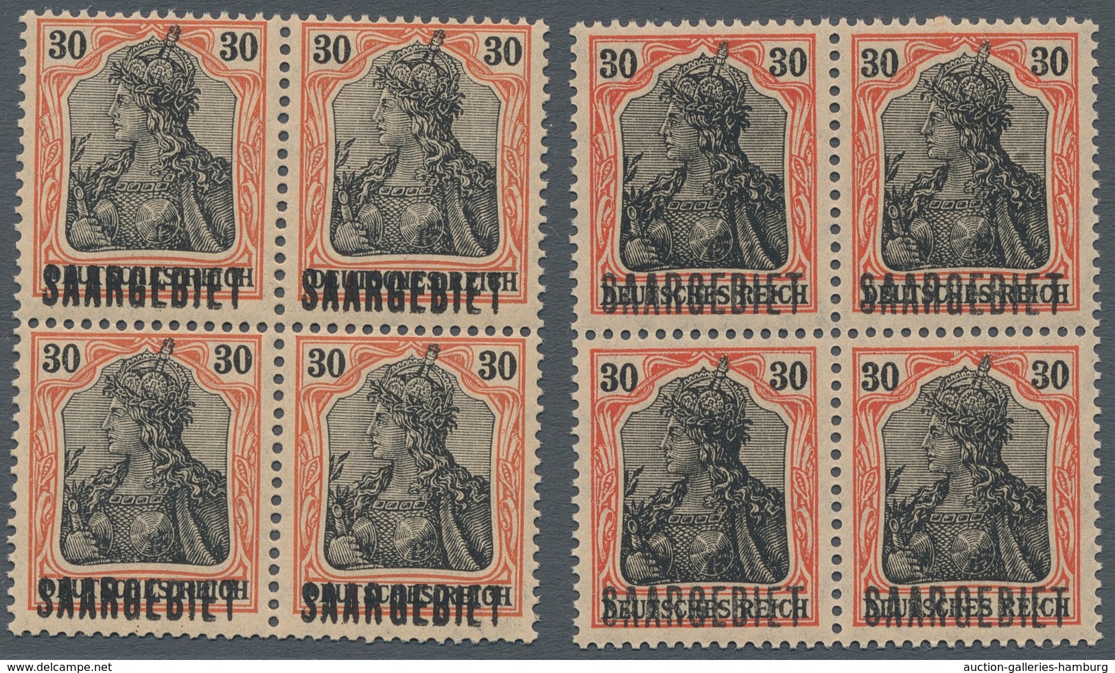 Deutsche Abstimmungsgebiete: Saargebiet: 1920, 30 Pf. Germania, Zwei 4er. Blöcke, Platten U. Walzend - Briefe U. Dokumente