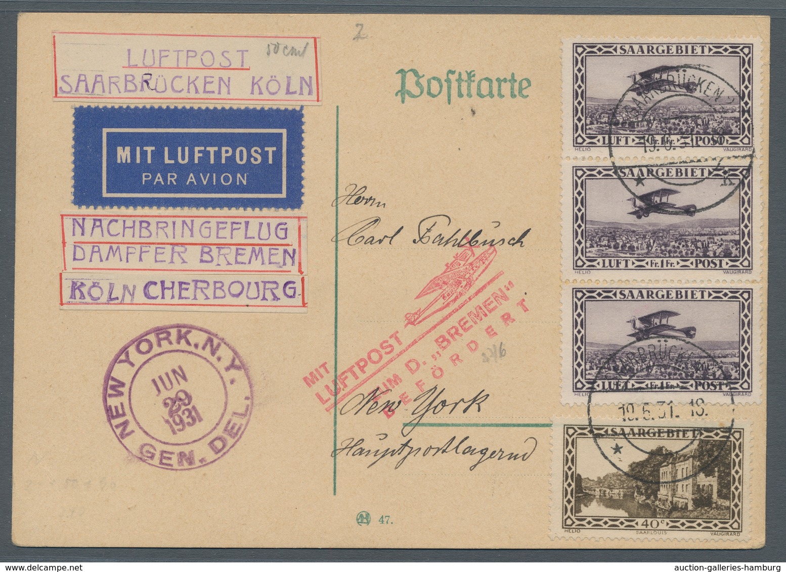 Deutsche Abstimmungsgebiete: Saargebiet: 1931, Katapult Nordatlantik, Zulieferung SAARGEBIET, Karte - Covers & Documents