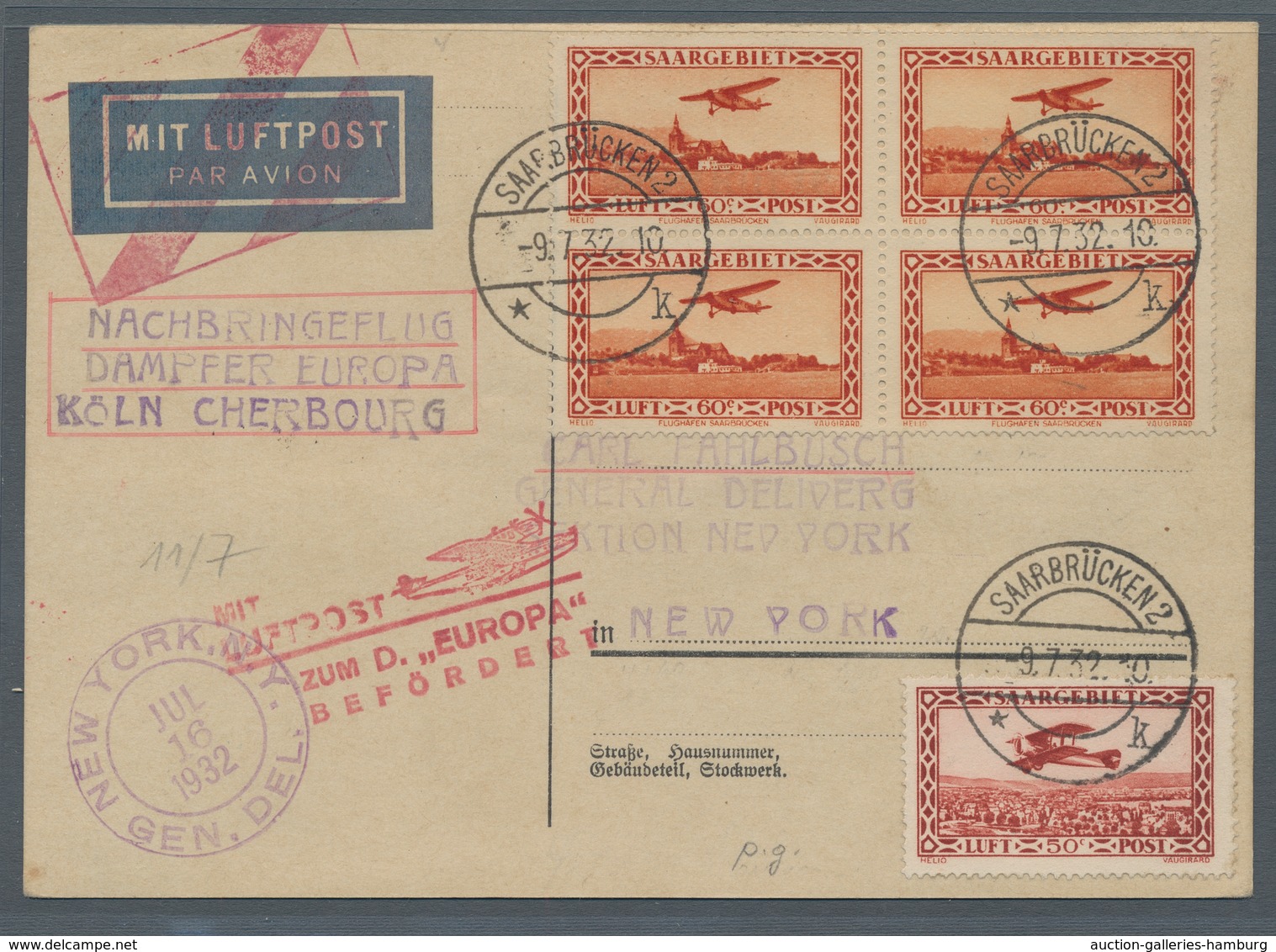 Deutsche Abstimmungsgebiete: Saargebiet: 1932, Katapultflug Nordatlantik, Zulieferung SAARGEBIET, Ka - Covers & Documents