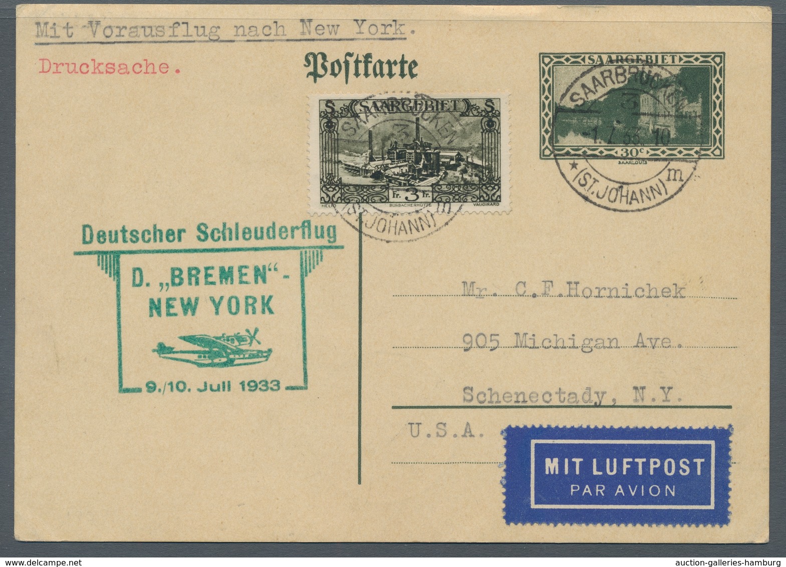Deutsche Abstimmungsgebiete: Saargebiet: 1933, Katapultflug Nordatlantik, Zulieferung SAARGEBIET, GA - Briefe U. Dokumente