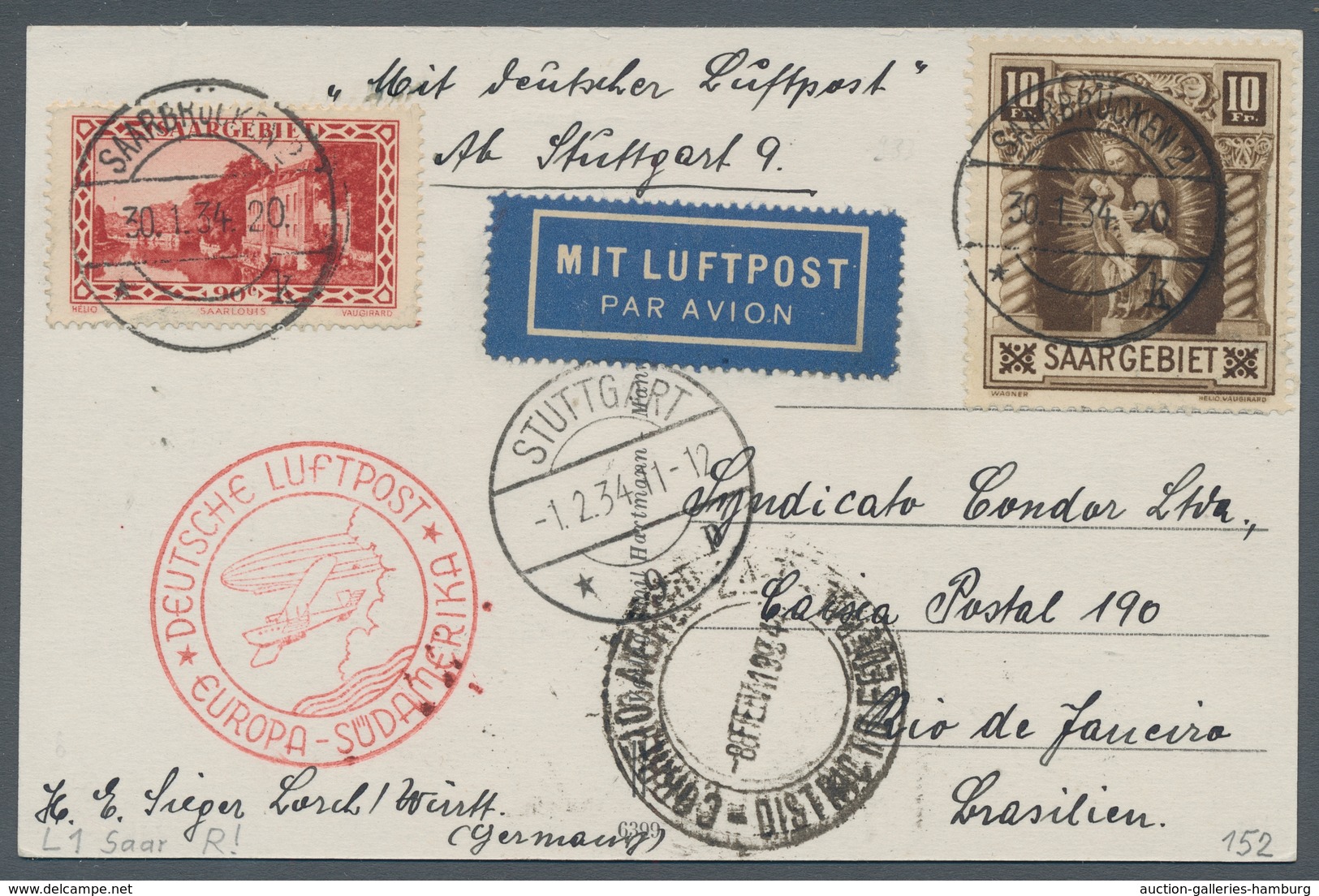 Deutsche Abstimmungsgebiete: Saargebiet: 1934, Katapult Südatlantik, Zuleitungspost SAARGEBIET, Erst - Covers & Documents