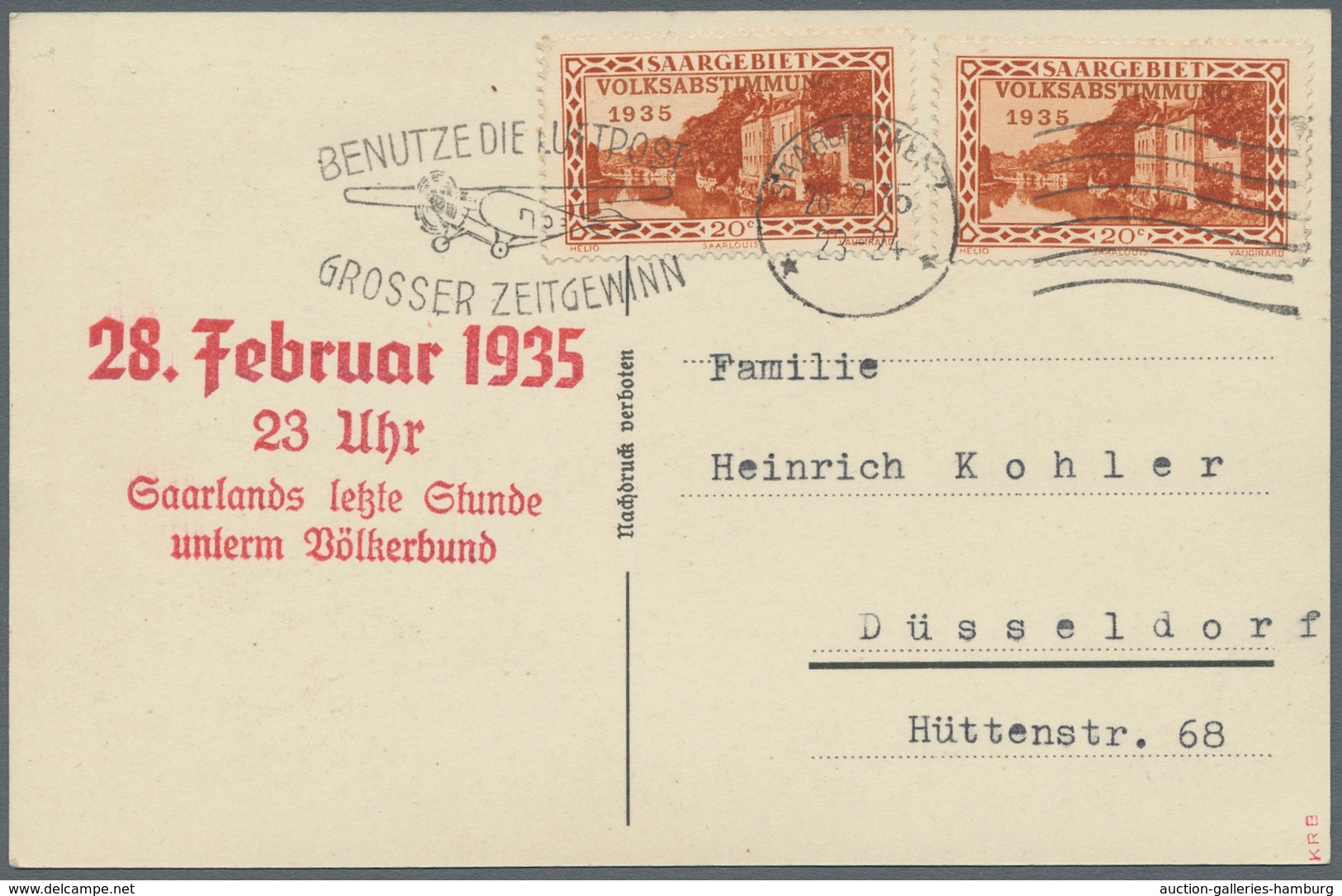 Deutsche Abstimmungsgebiete: Saargebiet: 1935, Volksabstimmung, Brief U. Karte Mit Saar- Bzw. DR-Fra - Briefe U. Dokumente
