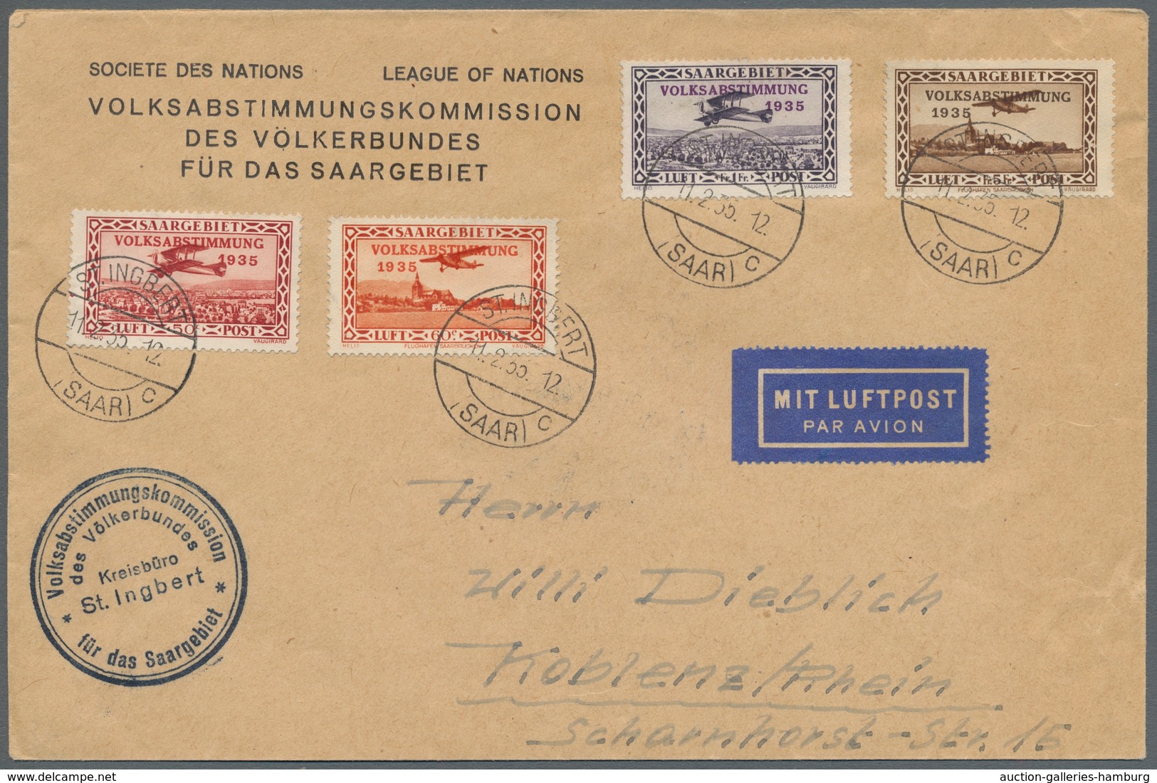 Deutsche Abstimmungsgebiete: Saargebiet: 1935, Volksabstimmung, Flugpostmarken, Satzfrankatur Auf Of - Covers & Documents