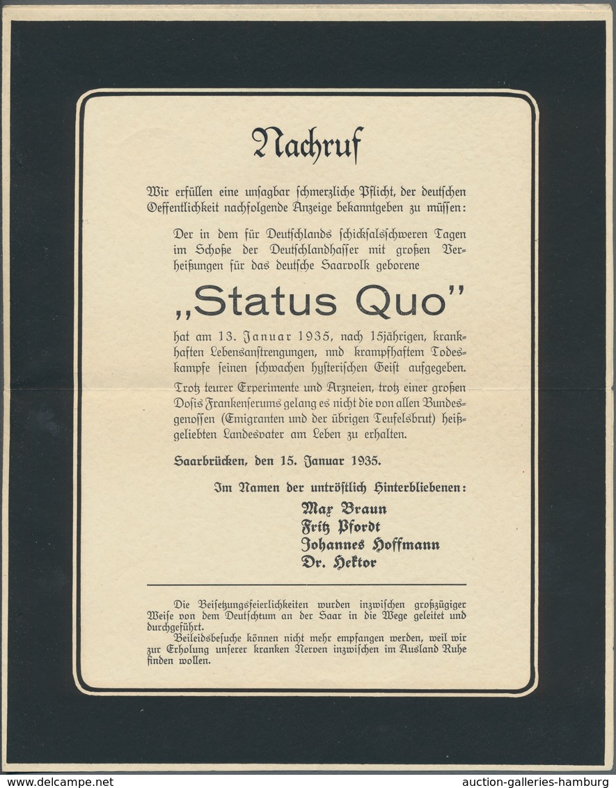 Deutsche Abstimmungsgebiete: Saargebiet: 1935, Volksabstimmung, Trauerbrief Zur Beendigung Des "Stat - Briefe U. Dokumente