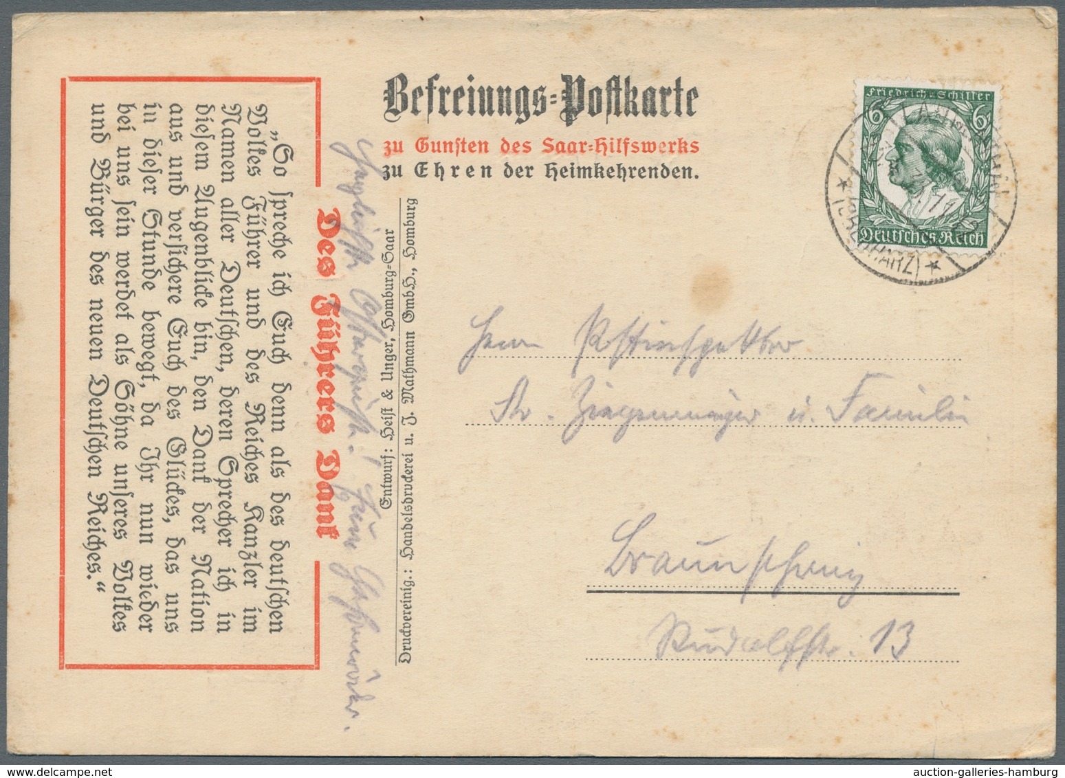 Deutsche Abstimmungsgebiete: Saargebiet: 1935, Volksabstimmung, Propagandakarte "Der Weg Ist Frei", - Covers & Documents