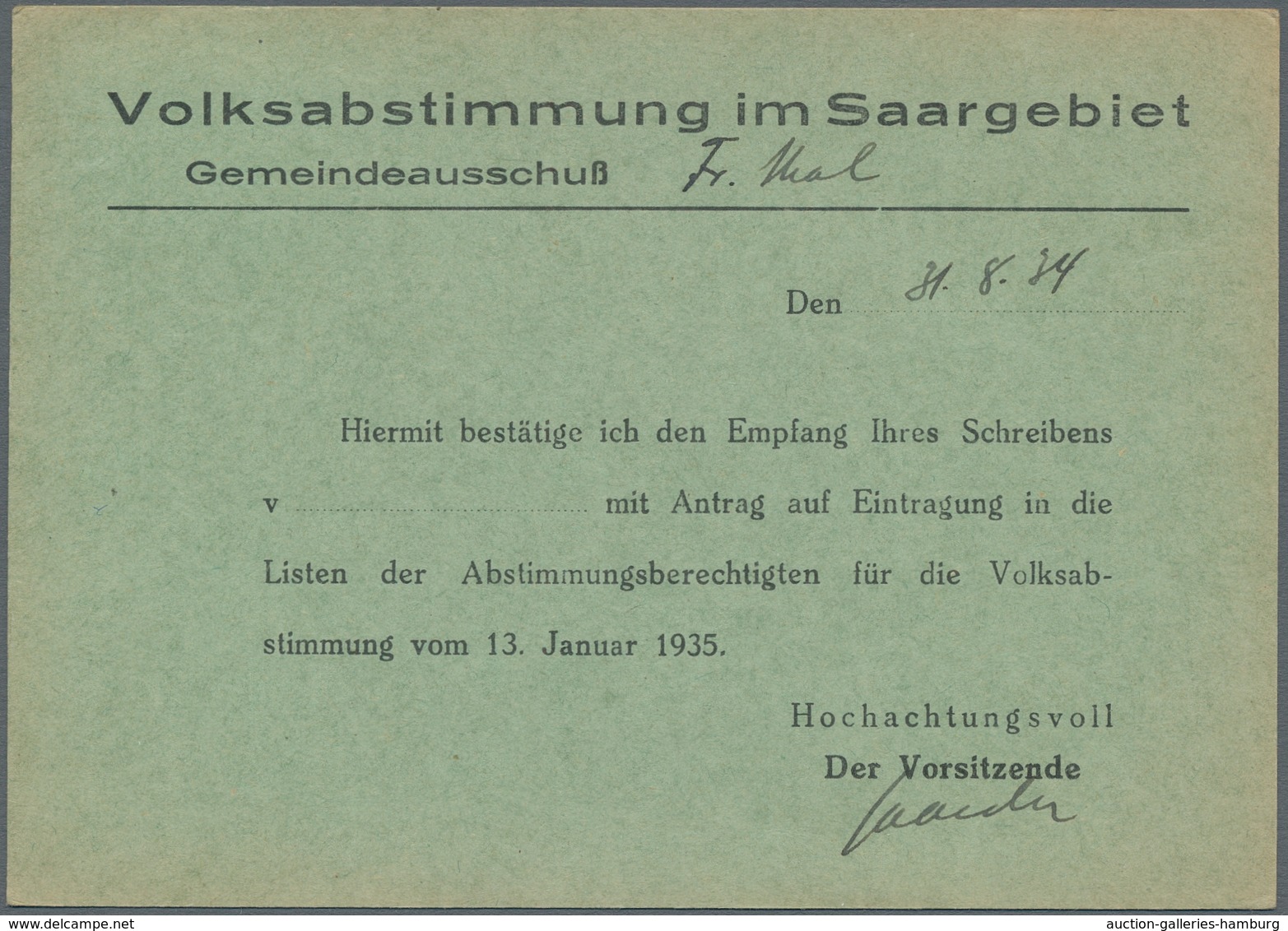 Deutsche Abstimmungsgebiete: Saargebiet: 1935, Volksabstimmung, zwölf Dokumente, Erinnerungs- u. Pro