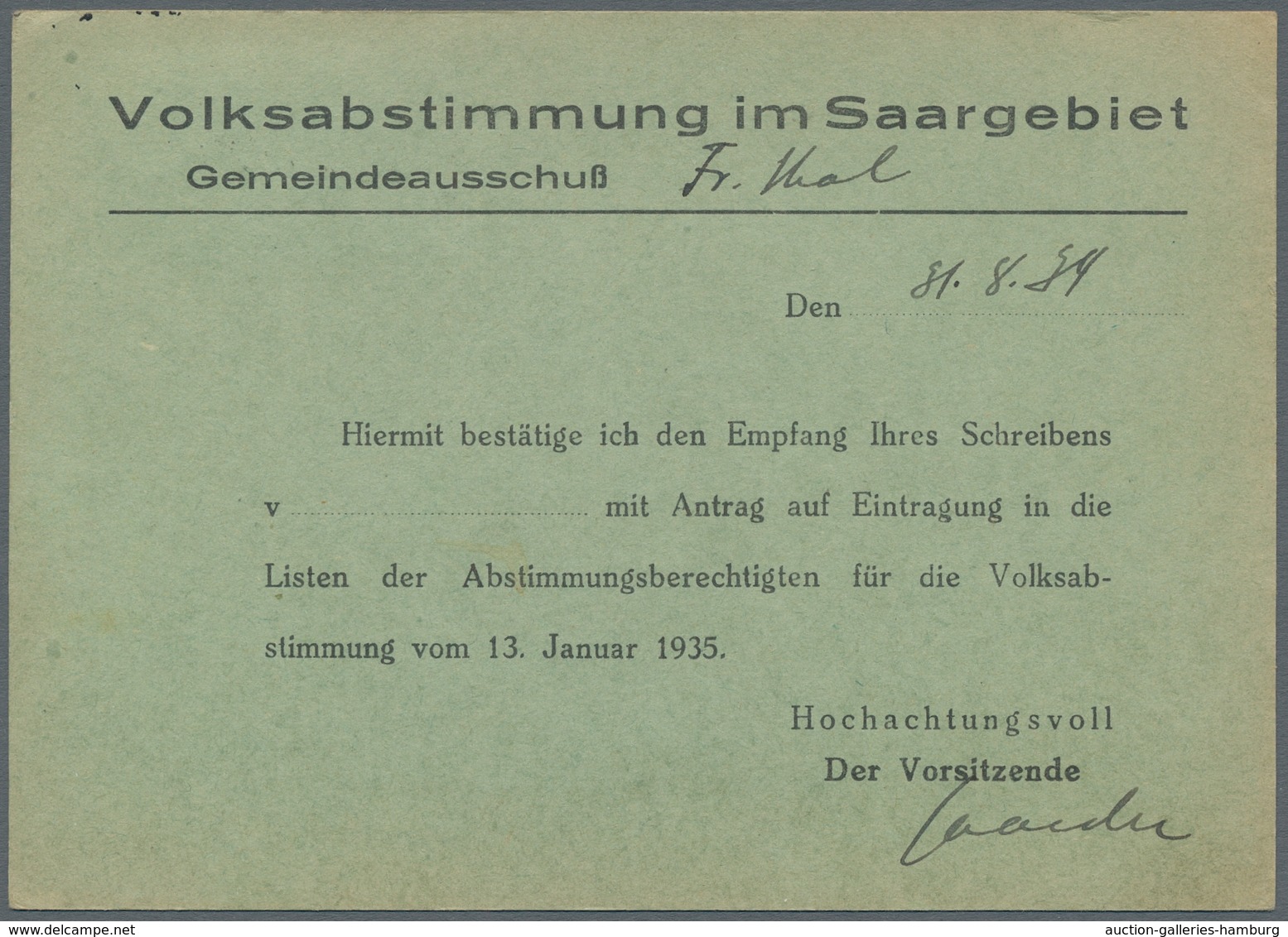 Deutsche Abstimmungsgebiete: Saargebiet: 1935, Volksabstimmung, zehn diverse Belege, Erinnerungs-/Pr