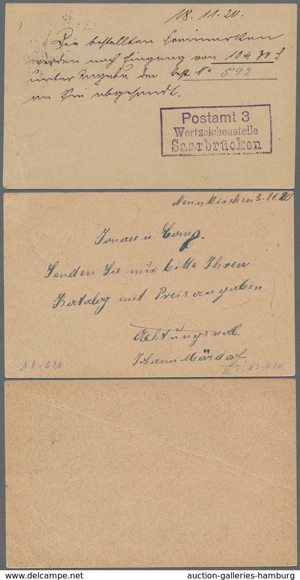 Deutsche Abstimmungsgebiete: Saargebiet - Ganzsachen: 1920-21, Zusammenstellung von 15 gebrauchten G