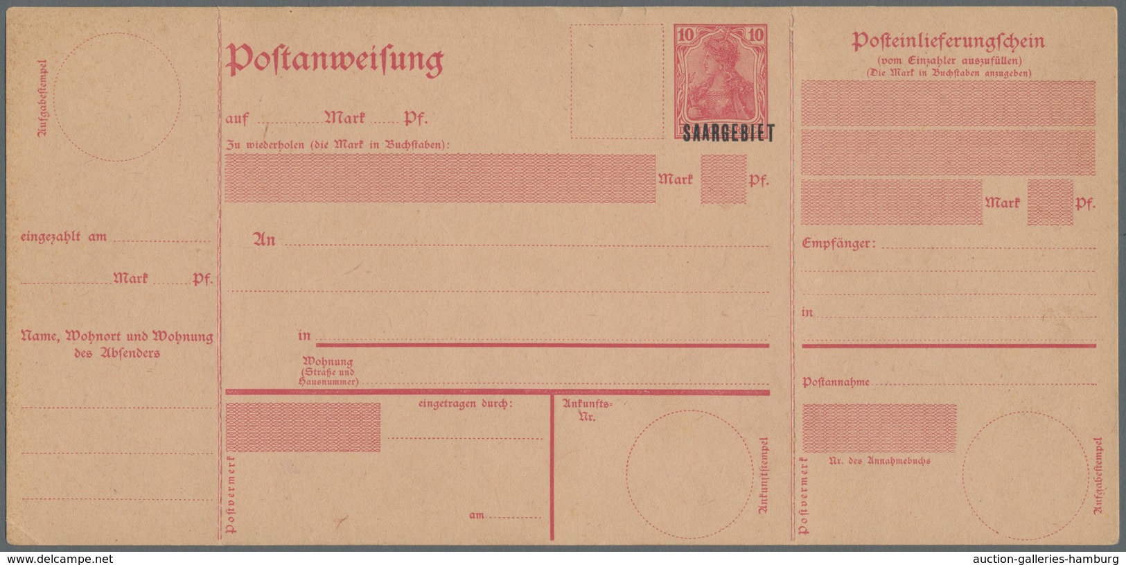 Deutsche Abstimmungsgebiete: Saargebiet - Ganzsachen: 1920, "10 Pfg. Germania/Saargebiet Type III", - Ganzsachen
