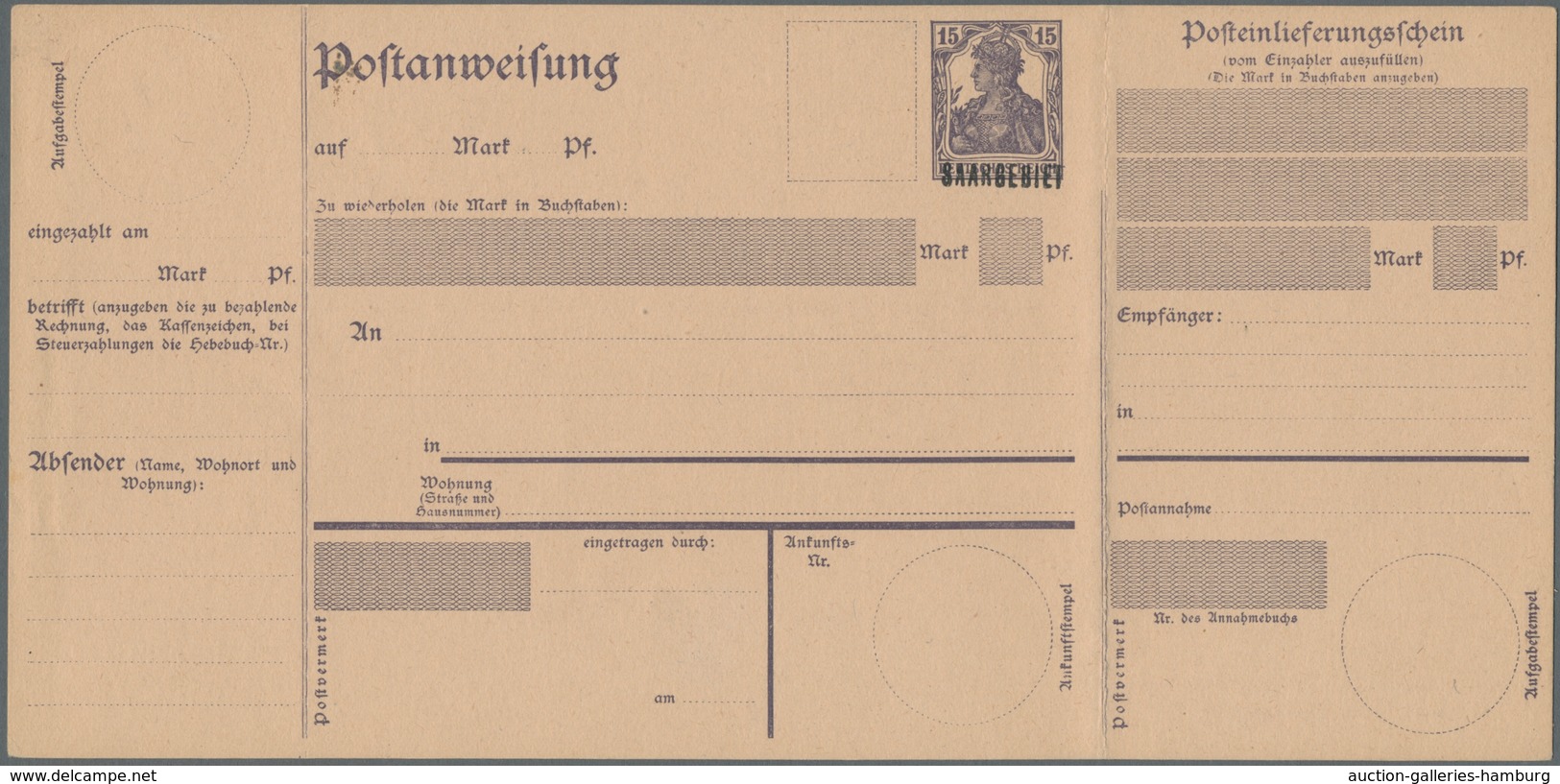 Deutsche Abstimmungsgebiete: Saargebiet - Ganzsachen: 1920, "15 Pfg. Germania/Saargebiet", Ungebrauc - Ganzsachen