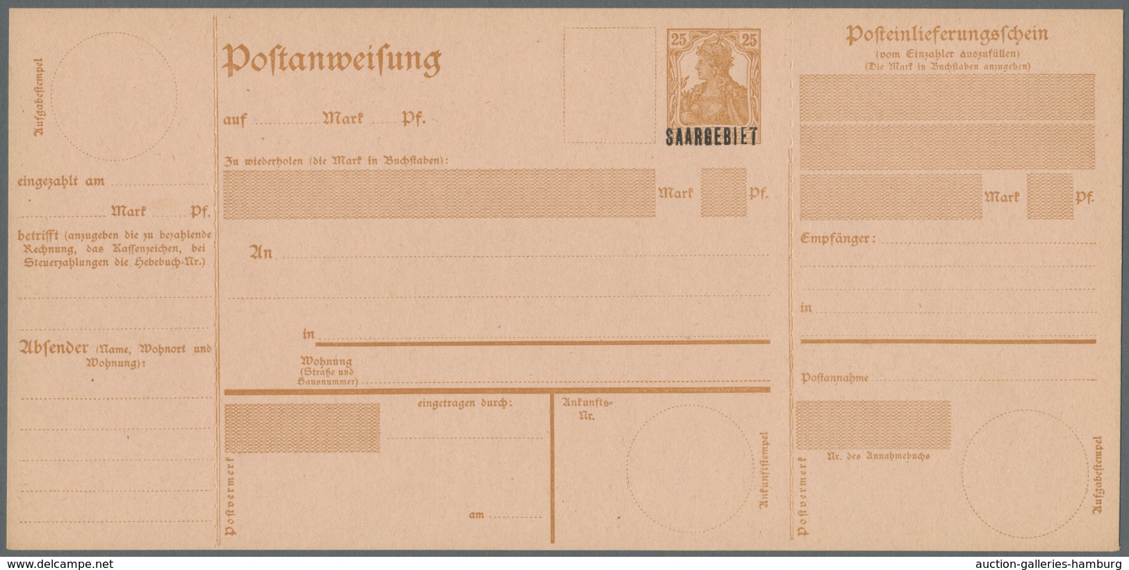 Deutsche Abstimmungsgebiete: Saargebiet - Ganzsachen: 1920, "25 Pfg. Germania/Saargebiet", Ungebrauc - Postal Stationery