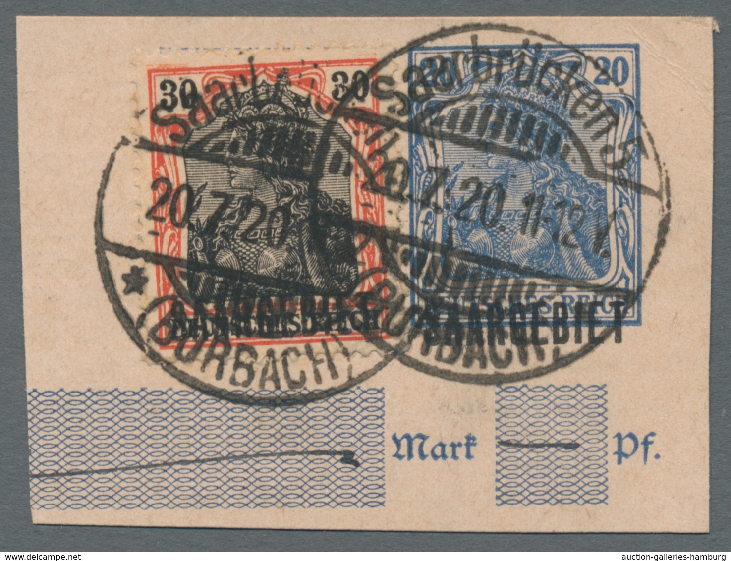 Deutsche Abstimmungsgebiete: Saargebiet - Ganzsachen: 1920, "20 Pfg. Germania/Saargebiet", Mit Zusat - Ganzsachen