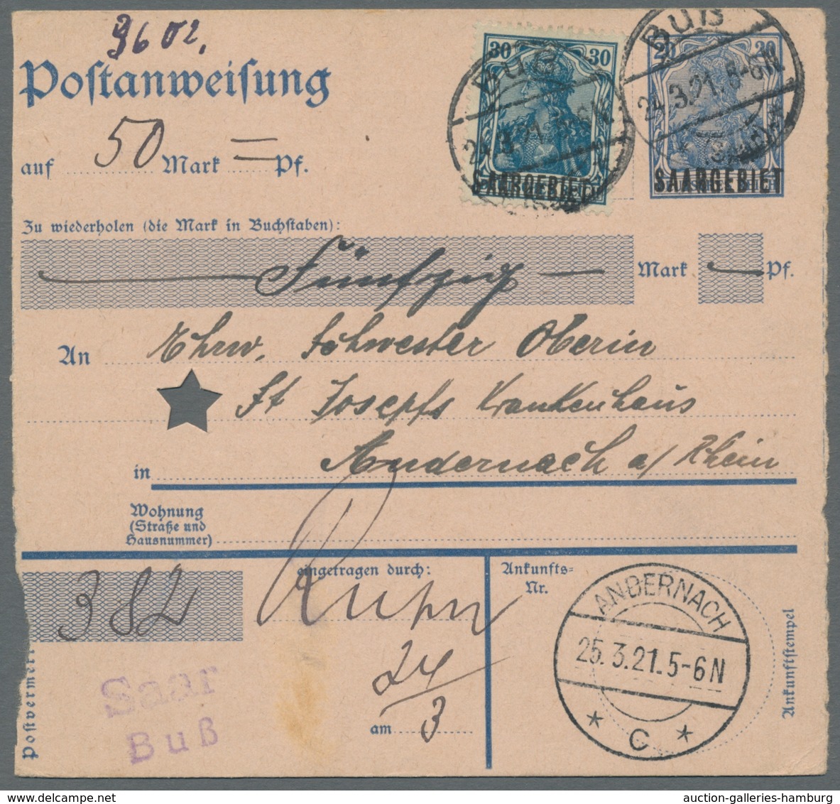 Deutsche Abstimmungsgebiete: Saargebiet - Ganzsachen: 1920, "20 Pfg. Germania/Saargebiet Type III", - Ganzsachen