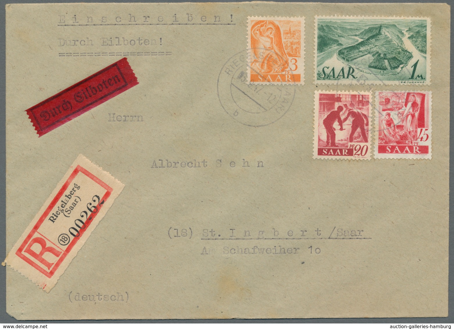 Saarland (1947/56): 1947, "Saar I", Drei Frankierte Eil-R-Briefe In Guter/sehr Guter Erhaltung, Dabe - Unused Stamps