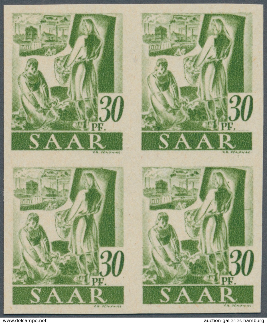 Saarland (1947/56): 1947, Freimarken "Saar I", 3 Pfg. Bis 30 Pfg., Neun Werte Je In Ungezähnten 4er- - Unused Stamps