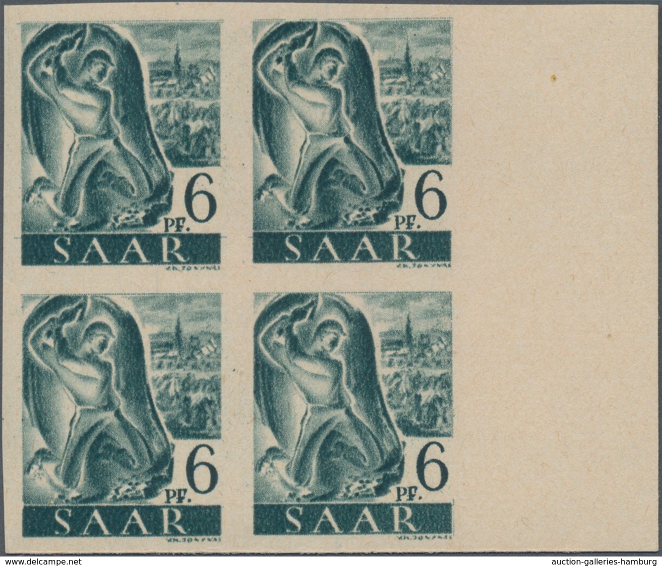 Saarland (1947/56): 1947, 6 Pf Schwarzblaugrün Im Postfrischen 4er-Block Von Rechten Rand Ungezähnt, - Unused Stamps