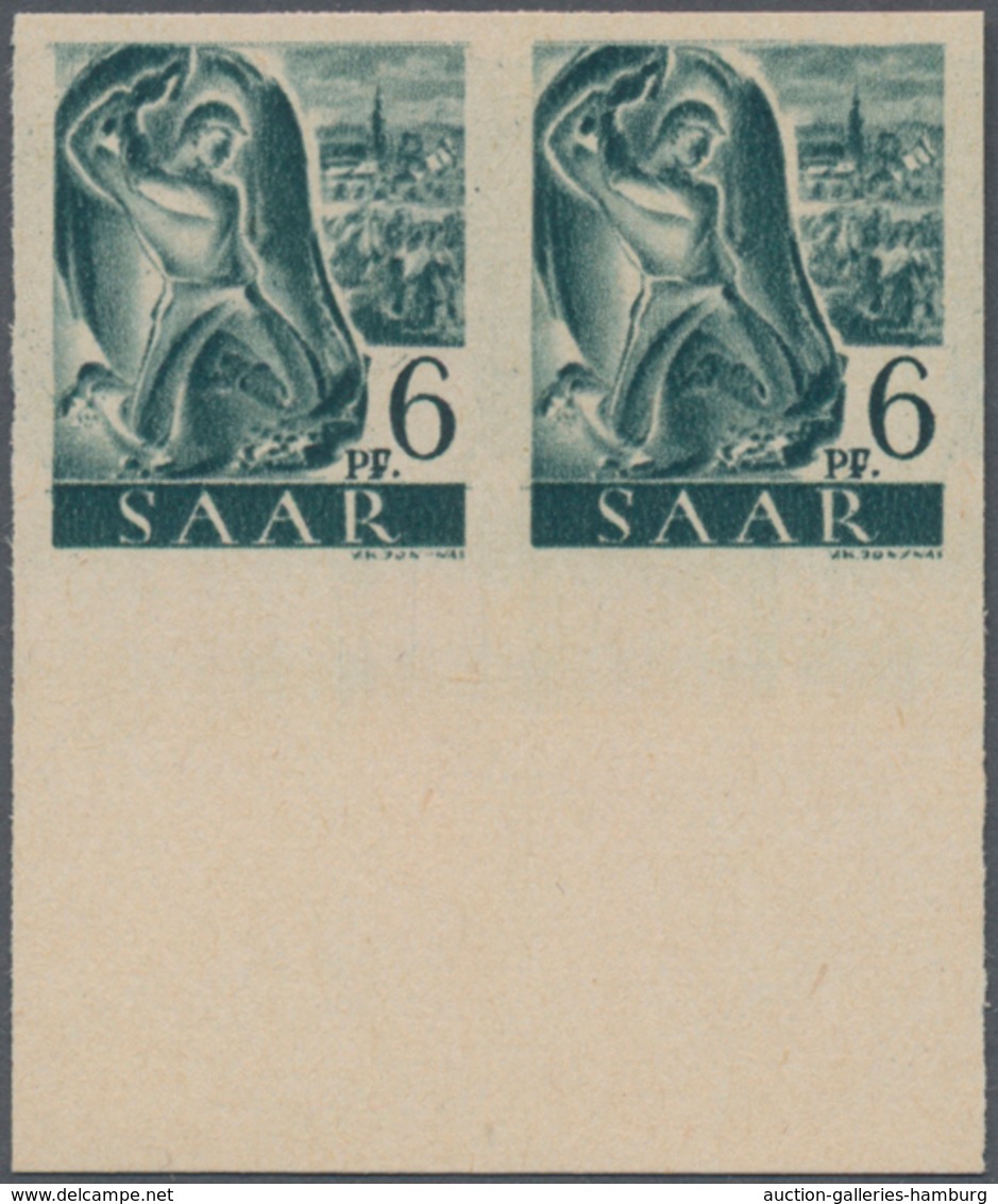 Saarland (1947/56): 1947, 6 Pf Schwarzblaugrün Im Waager. Paar Vom Unterrand Ungezähnt Postfrisch, 4 - Unused Stamps