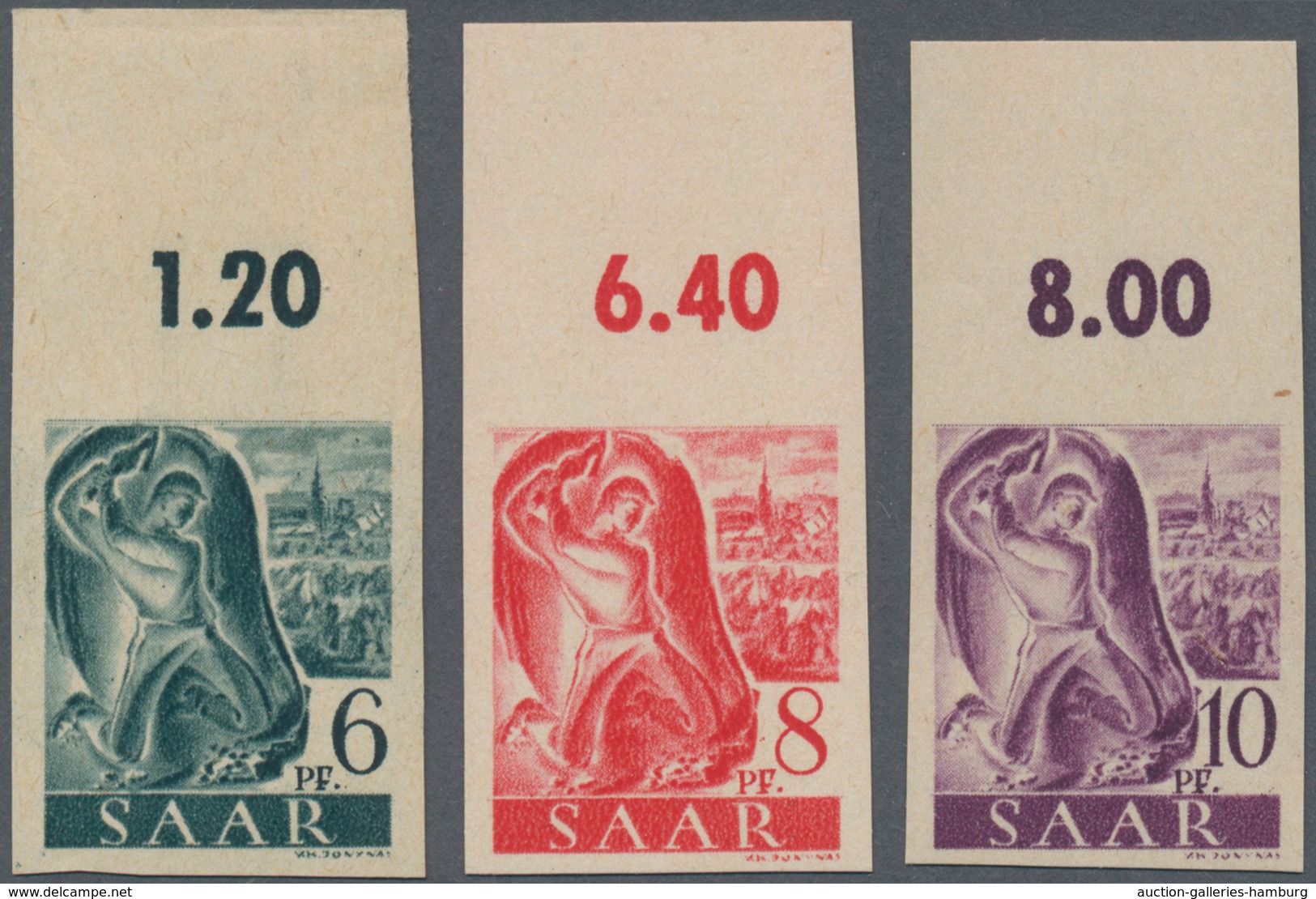 Saarland (1947/56): 1947, 6 Pf Schwarzblaugrün, 8 Pf Rot Und 10 Pf Violettpurpur Je Vom Oberrand Pos - Unused Stamps