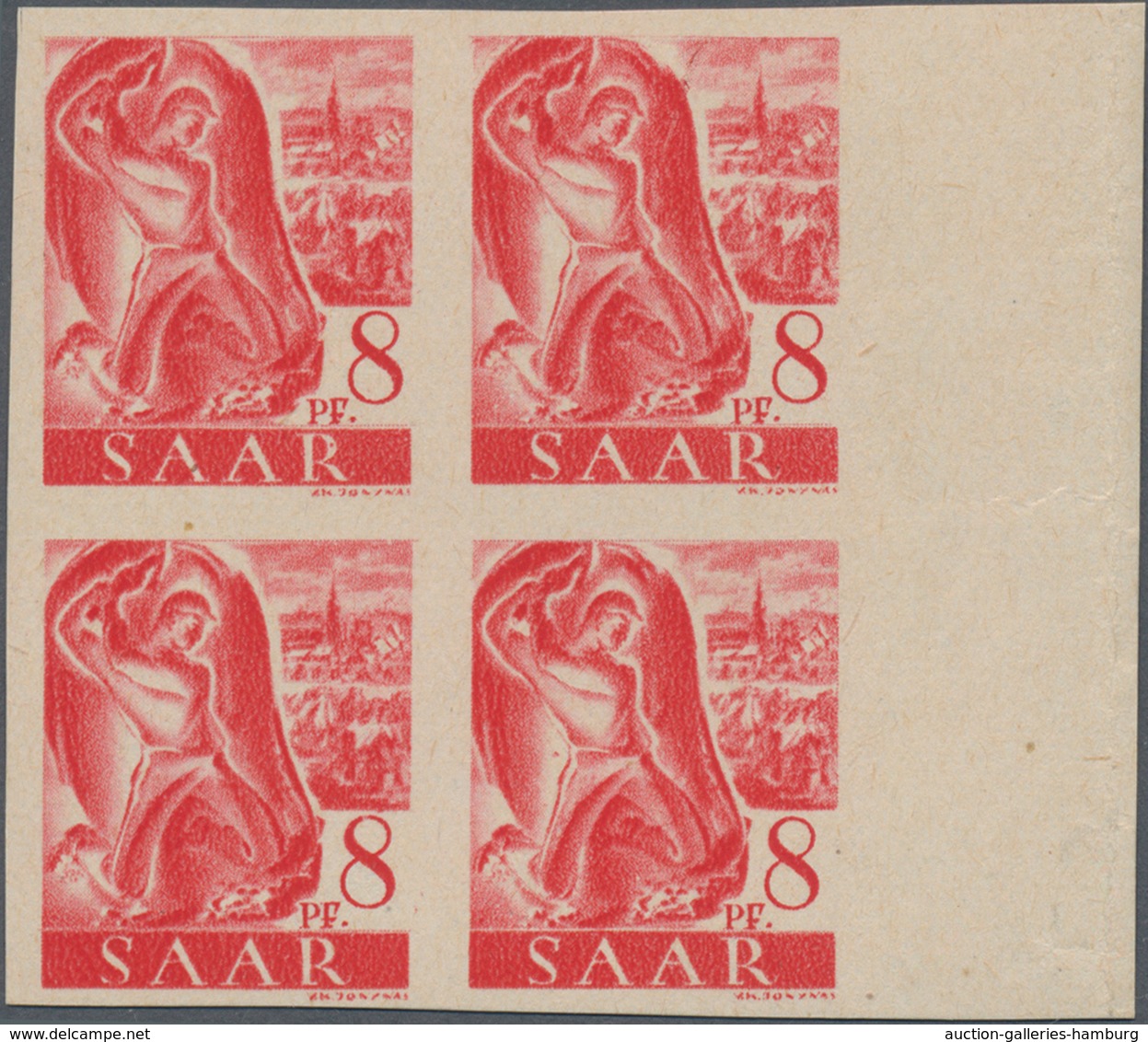 Saarland (1947/56): 1947, 8 Pf Rot Im Postfrischen 4er-Block Ungezähnt, Mi 880.- - Unused Stamps