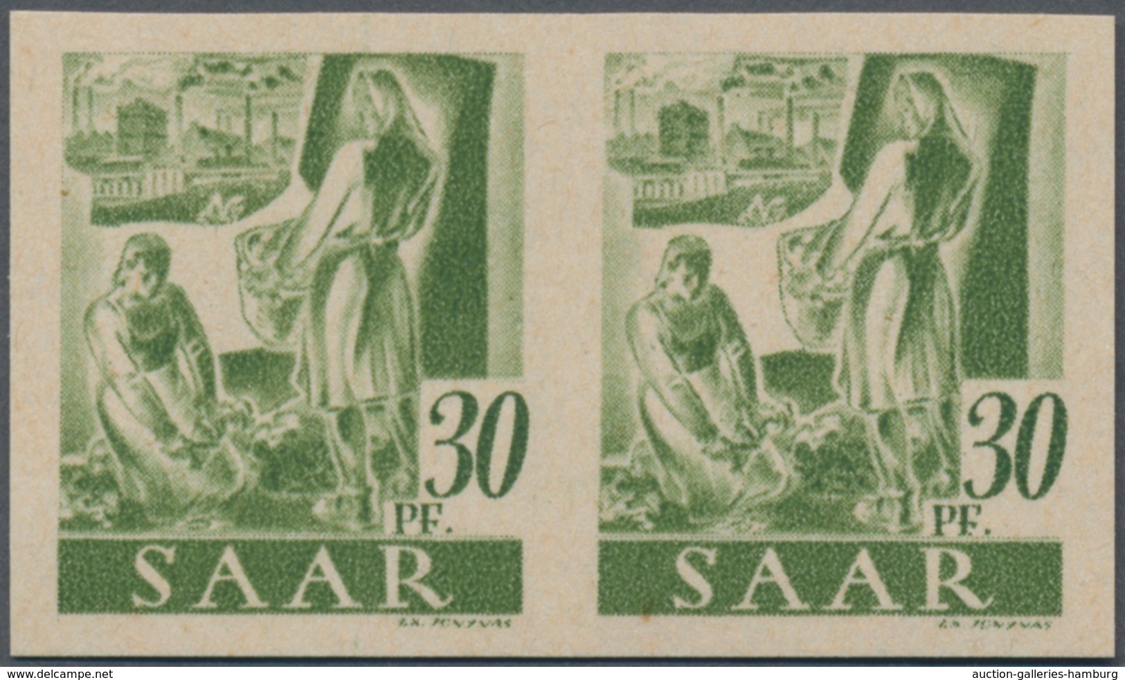 Saarland (1947/56): 1947, 30 Pf Grünoliv Im Waager. Paar Postfrisch Ungezähnt, Mi 1.200.- - Unused Stamps