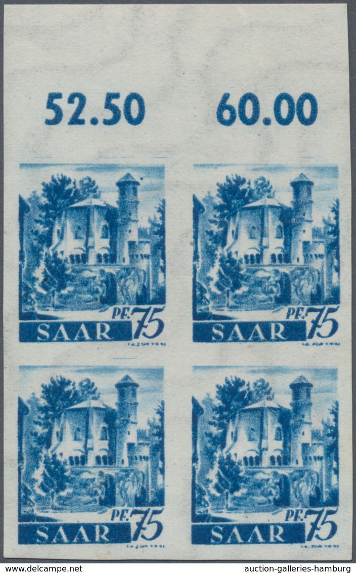 Saarland (1947/56): 1947, 75 Pf Dunkelultramarin Im OR-4er-Block Als Ungezähnter PROBEDRUCK Postfris - Ungebraucht