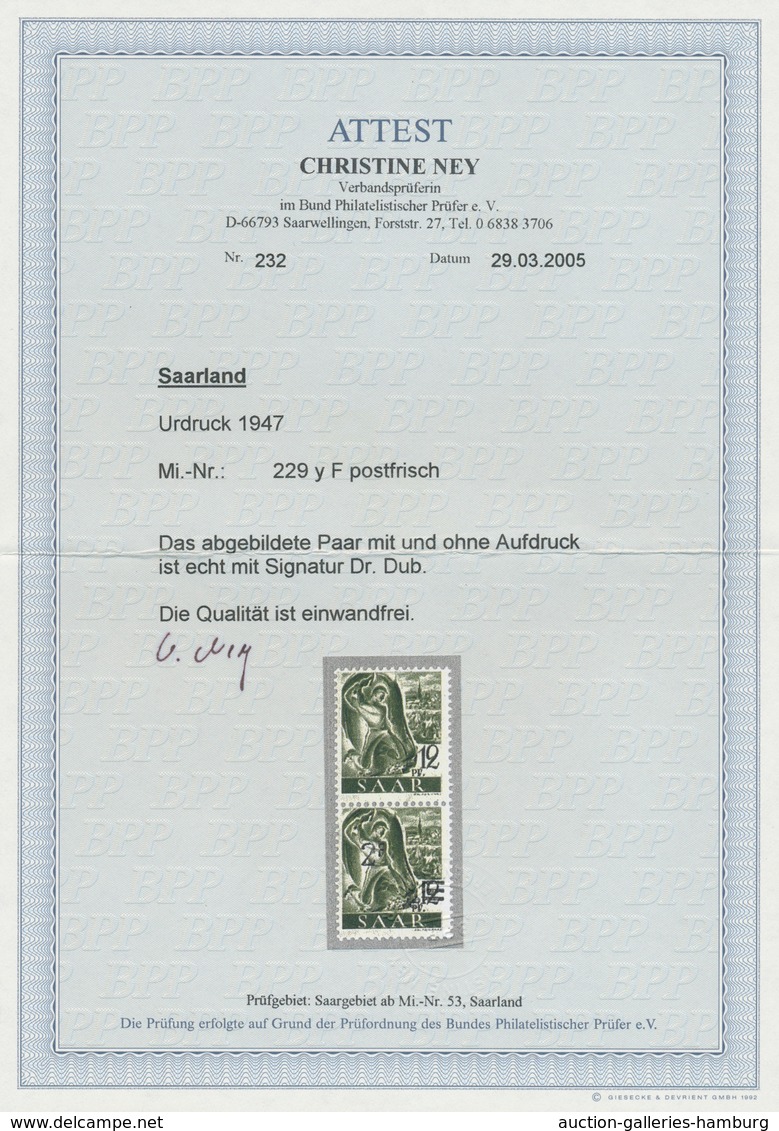 Saarland (1947/56): 1947, 2 Fr. Auf 12 Pfg. Schwarzgrauoliv, Senkrechtes Paar Ohne Und Mit Aufdruck, - Ungebraucht