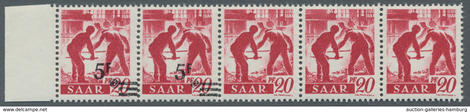 Saarland (1947/56): 1947, "5 Fr. Auf 20 Pfg. Nachdruck Mit Und Ohne Aufdruck", Waag. Postfrischer Ra - Unused Stamps