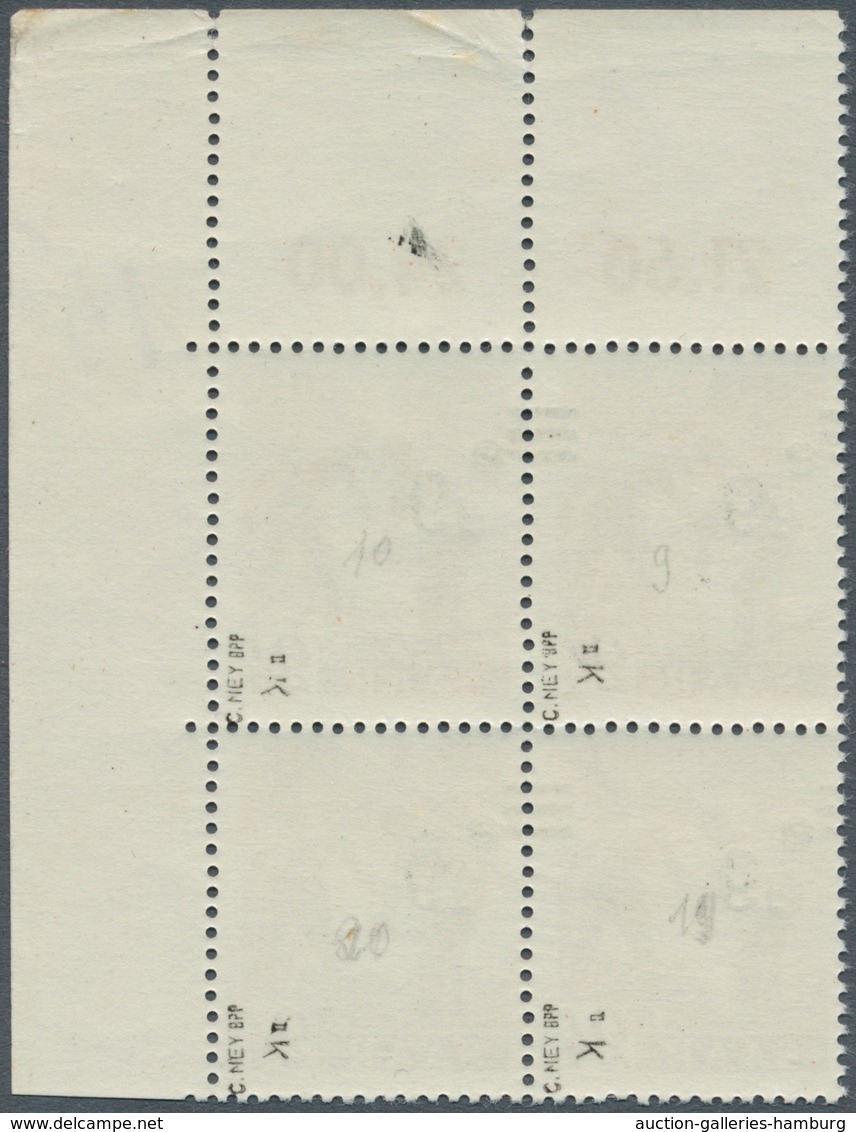 Saarland (1947/56): 1947, 6 Fr. Auf 24 Pfg., KOPFSTEHENDER AUFDRUCK, Eckrand-4er-Block Rechts Oben, - Unused Stamps