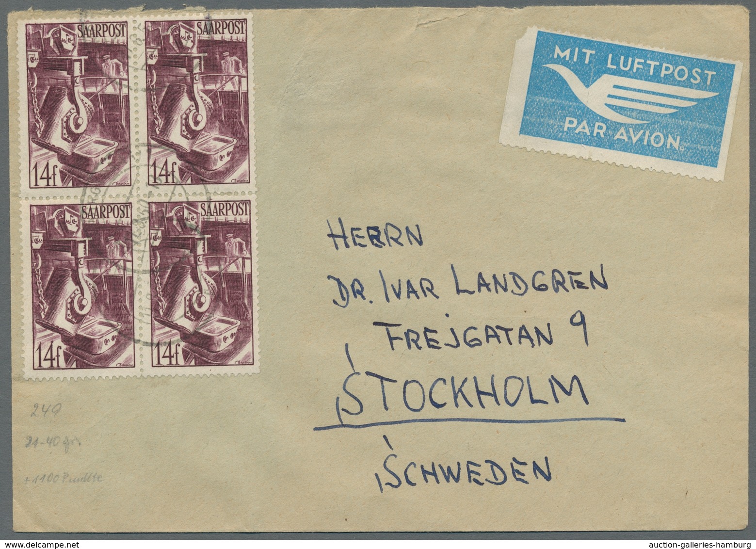 Saarland (1947/56): 1948, "14 Und 50 Fr. Saar III", Je Als Viererblock Auf Flugbrief Nach Stockholm - Unused Stamps