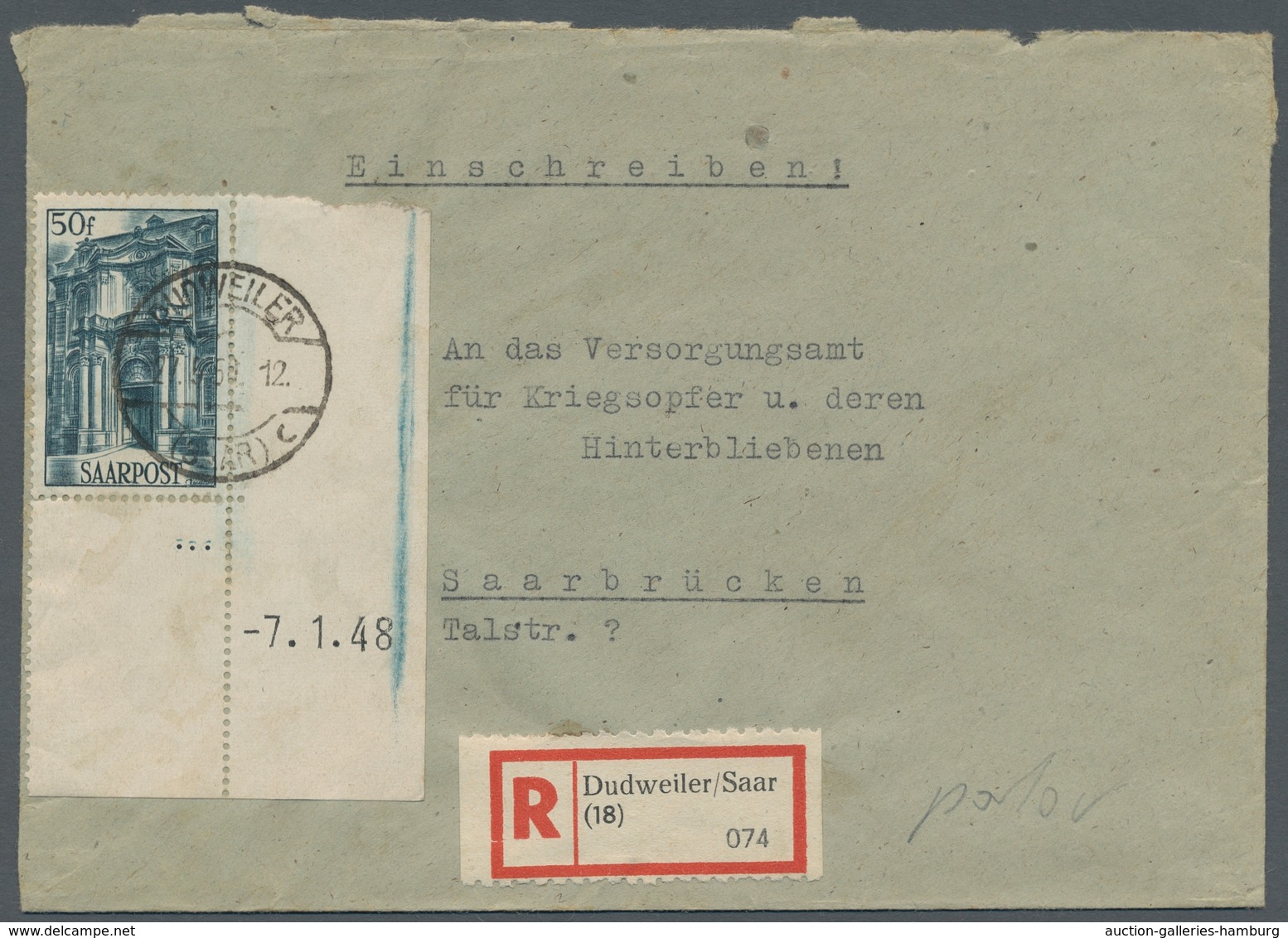 Saarland (1947/56): 1948, "50 Fr. Saar III Mit Druckdatum", Eckrandwert Als Portorichtige EF Auf R-B - Unused Stamps
