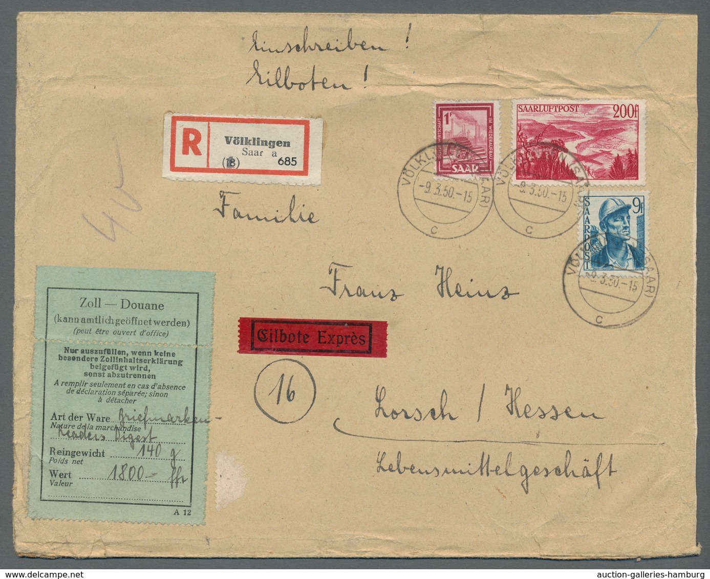 Saarland (1947/56): 1948, "200 Fr. Saar III" Mit Zusatzfrankatur Auf Portorichtigem Eil-R-Brief Von - Ungebraucht