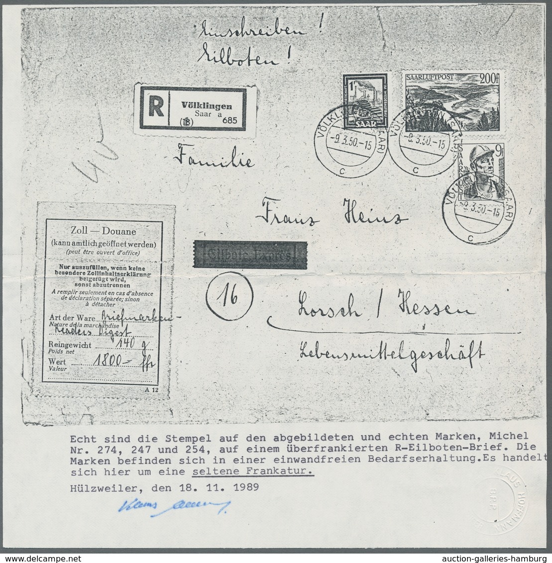 Saarland (1947/56): 1948, "200 Fr. Saar III" Mit Zusatzfrankatur Auf Portorichtigem Eil-R-Brief Von - Ungebraucht