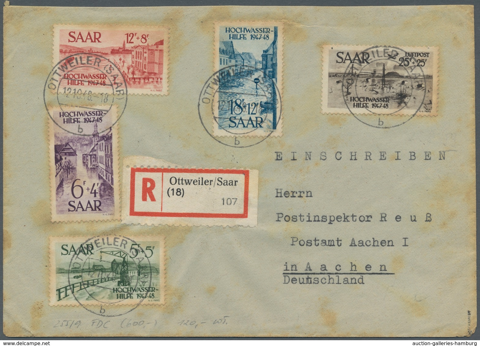 Saarland (1947/56): 1948, "Hochwasserhilfe" Komplett Mit Ersttagsstempel OTTWEILER (SAAR) B 12.10.48 - Unused Stamps