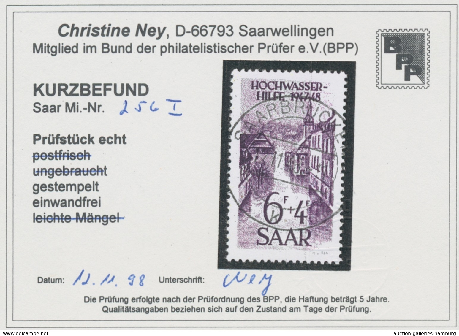 Saarland (1947/56): 1948, "6 Fr. Hochwasserhilfe Mit PLF I", Zentral Gestempelter Wert In Tadelloser - Unused Stamps