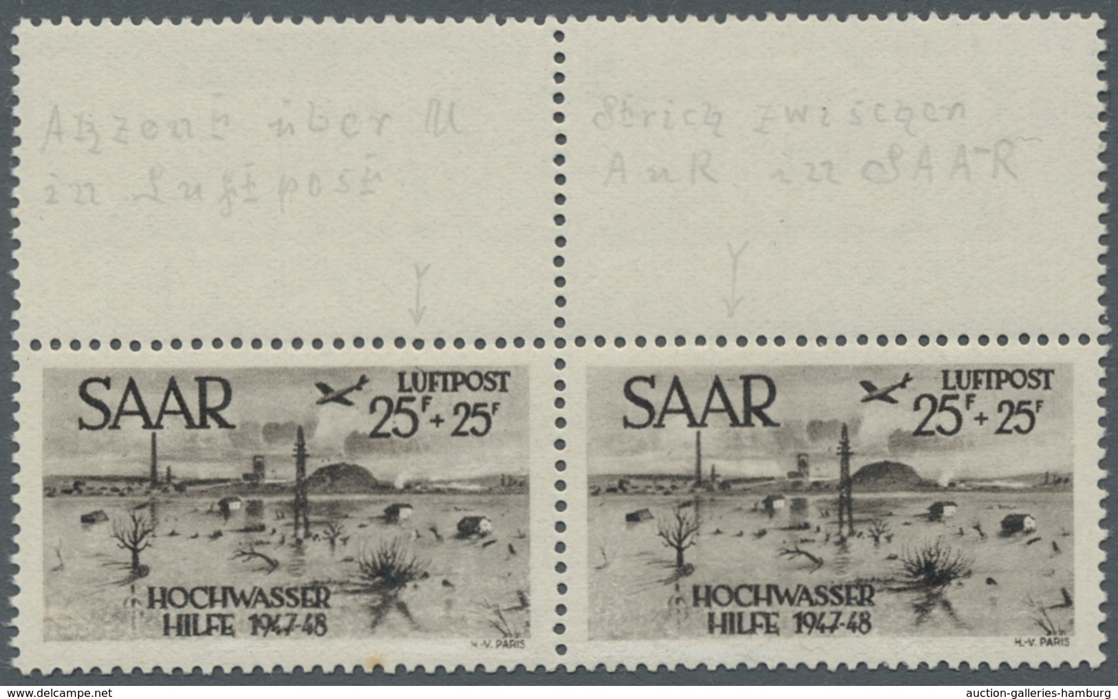 Saarland (1947/56): 1948, "25 Fr. Hochwasserhilfe", Waag. Paar Mit Je Oben Anhängendem Zwischensteg, - Ungebraucht