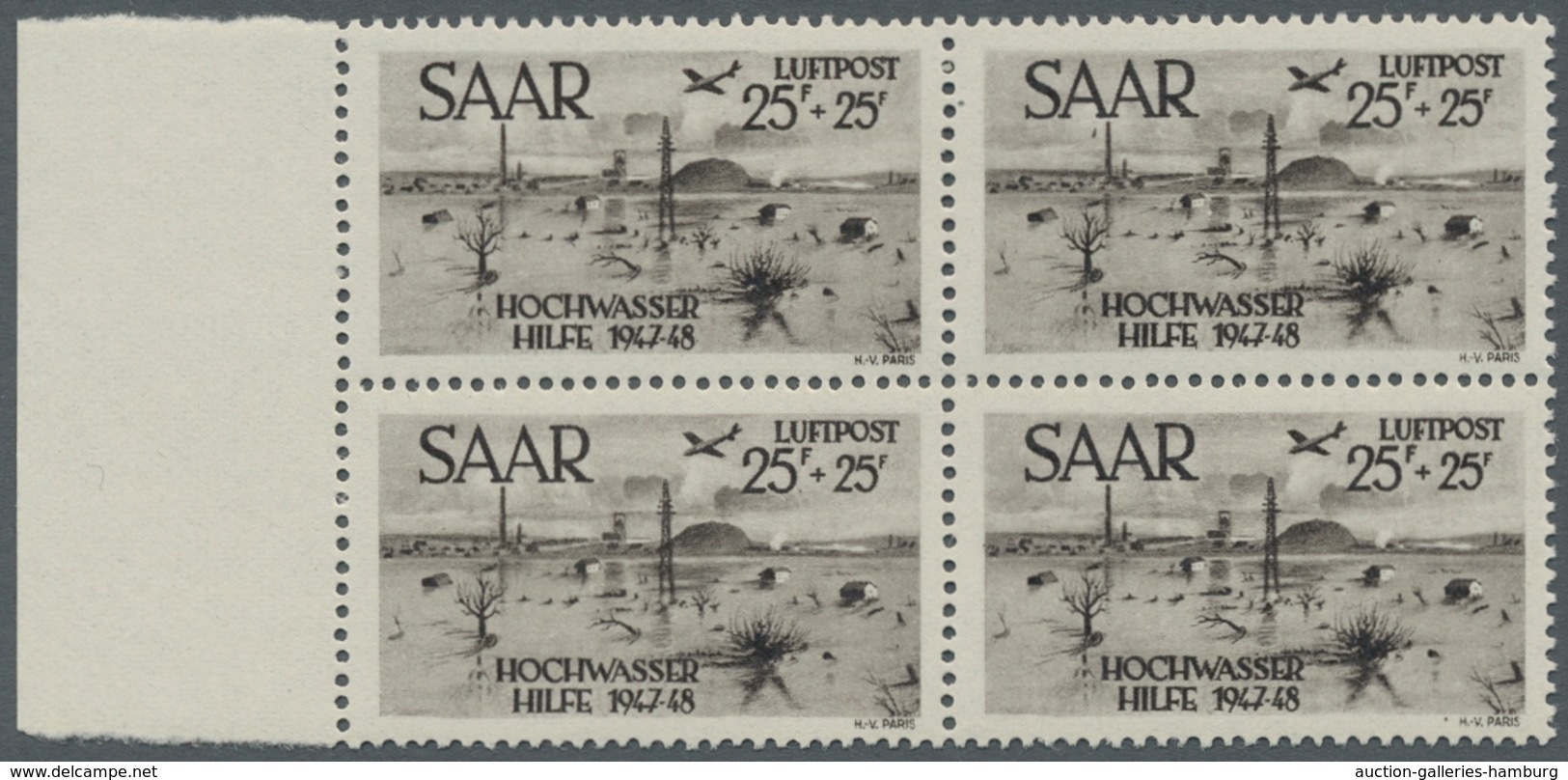 Saarland (1947/56): 1948, "25 Fr. Hochwasserhilfe Mit PLF I", Postfrischer Randviererblock Mit Dreim - Unused Stamps